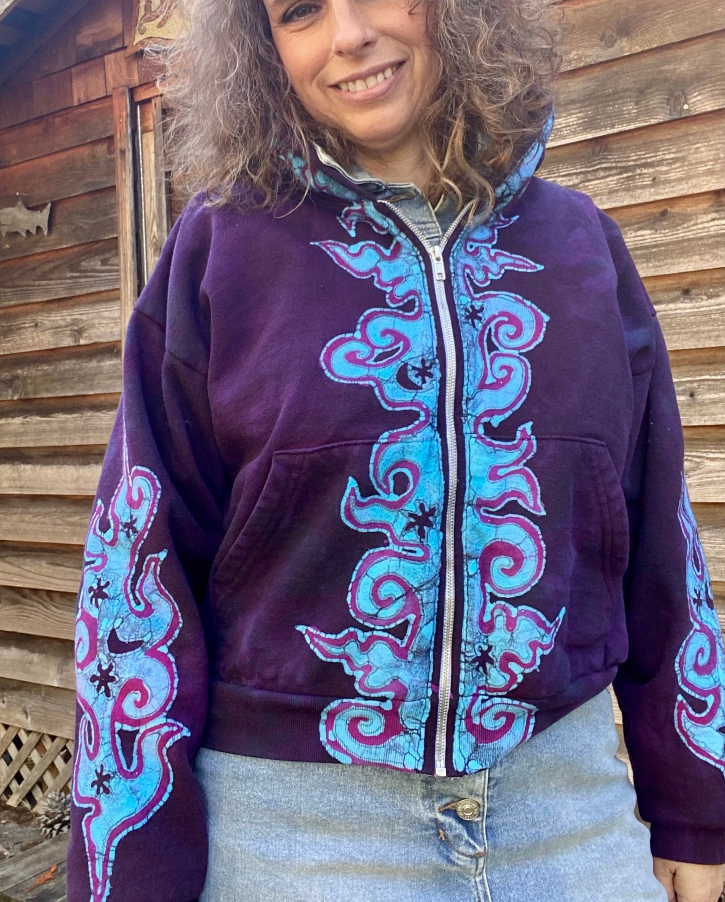 Midnight Purple with Turquoise Flames Handmade Batik Hoodie - Size M/L hoodie batikwalla