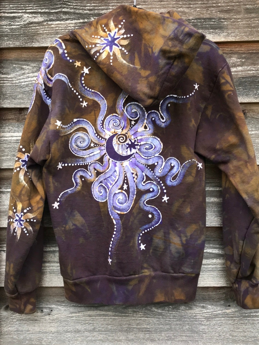 Dark Gold and Purple Moon and Star Handcrafted Batik Zipper Hoodie - Size Small hoodie batikwalla
