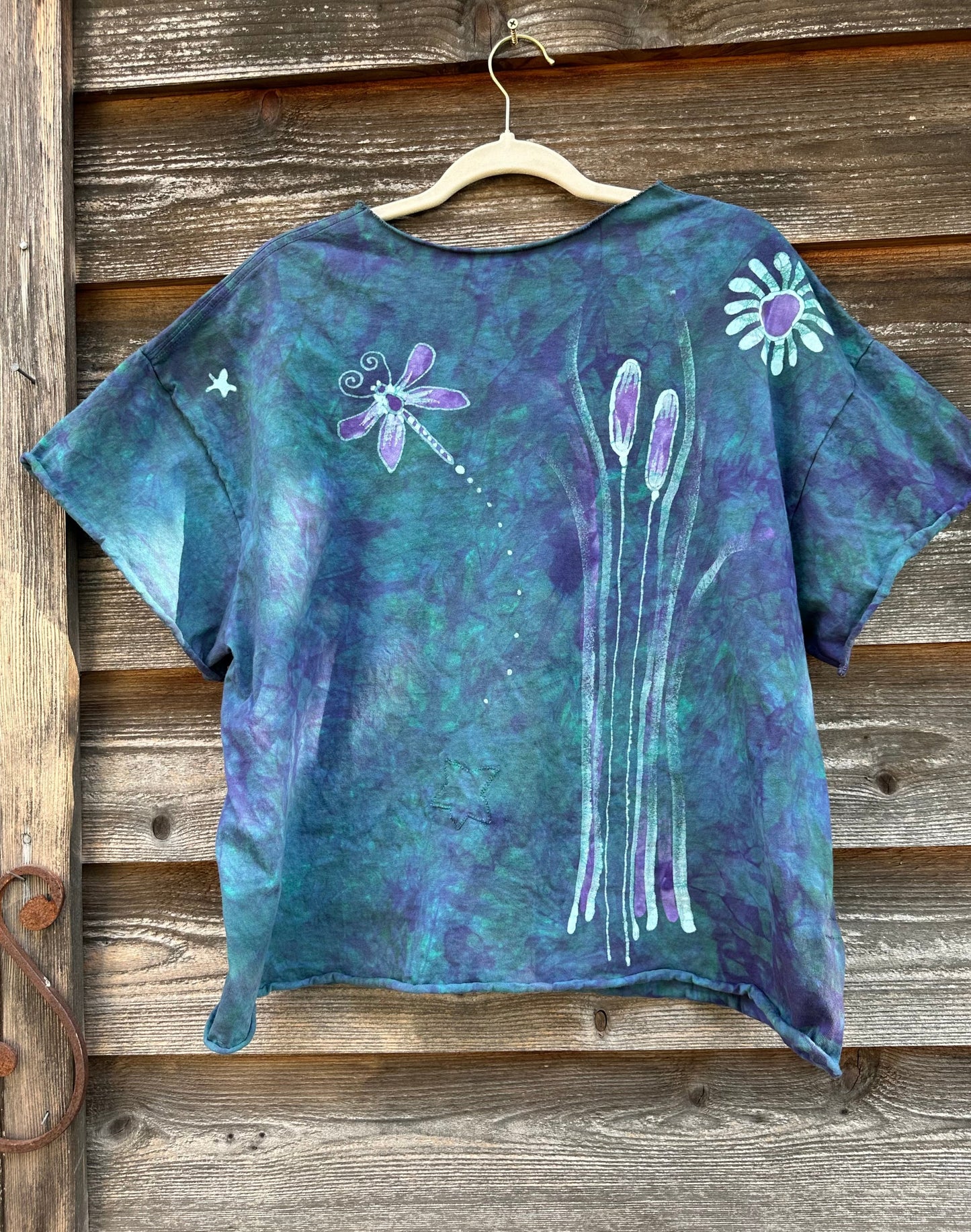 Dragonfly in Teal and Purple Cotton Cropped Crew Tee - Size XL Shirts & Tops Batikwalla by Victoria
