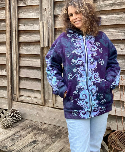 Teal and Purple Tuxedo Swirls with Stars Handcrafted Batik Zipper Hoodie - Large hoodie batikwalla
