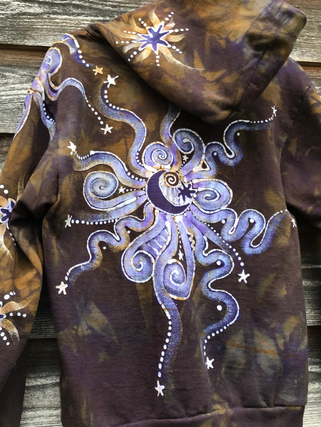 Dark Gold and Purple Moon and Star Handcrafted Batik Zipper Hoodie - Size Small hoodie batikwalla