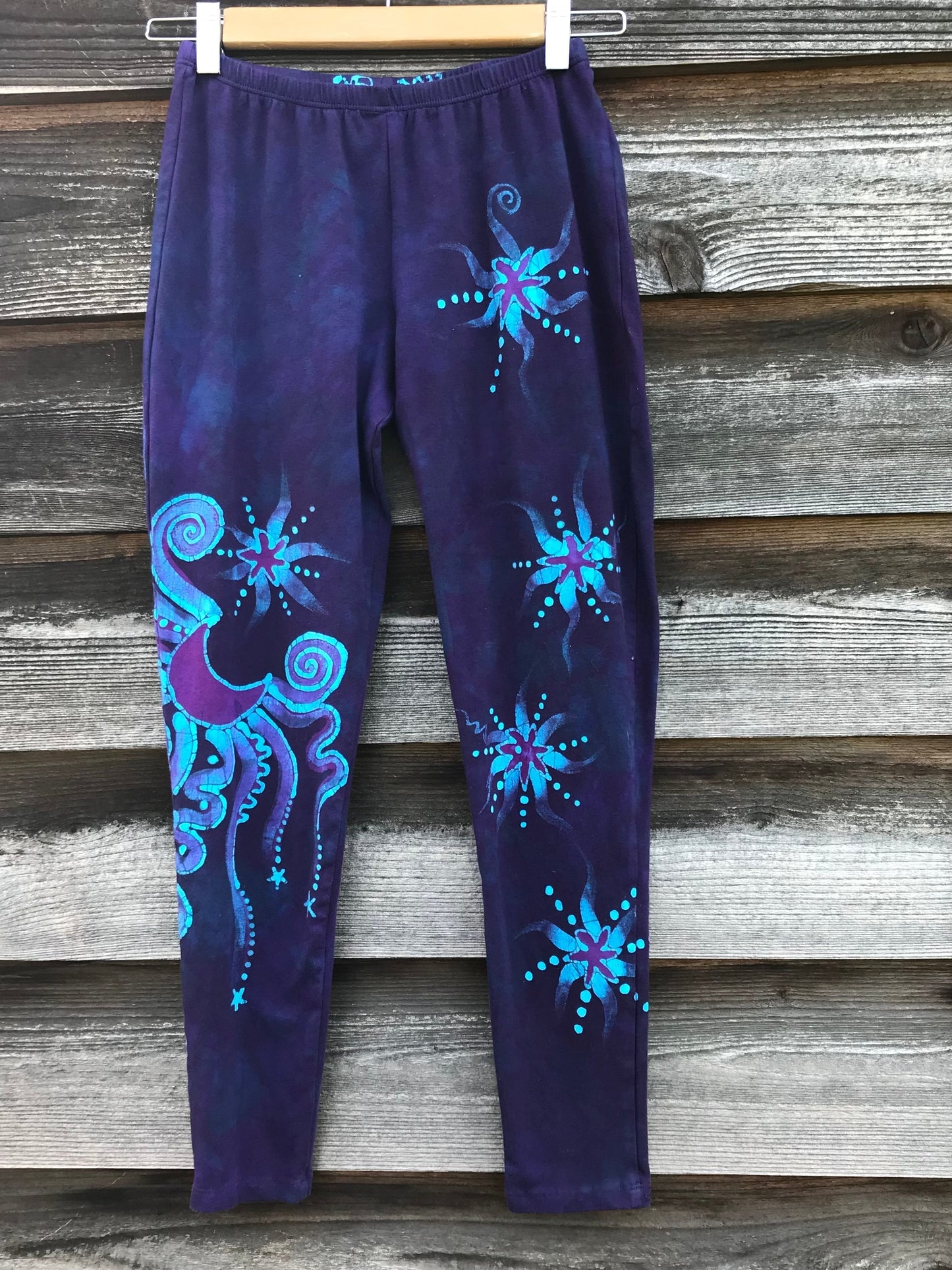 Deep Purple and Turquoise Moon & Star Batik Leggings - Size SMALL leggings batikwalla