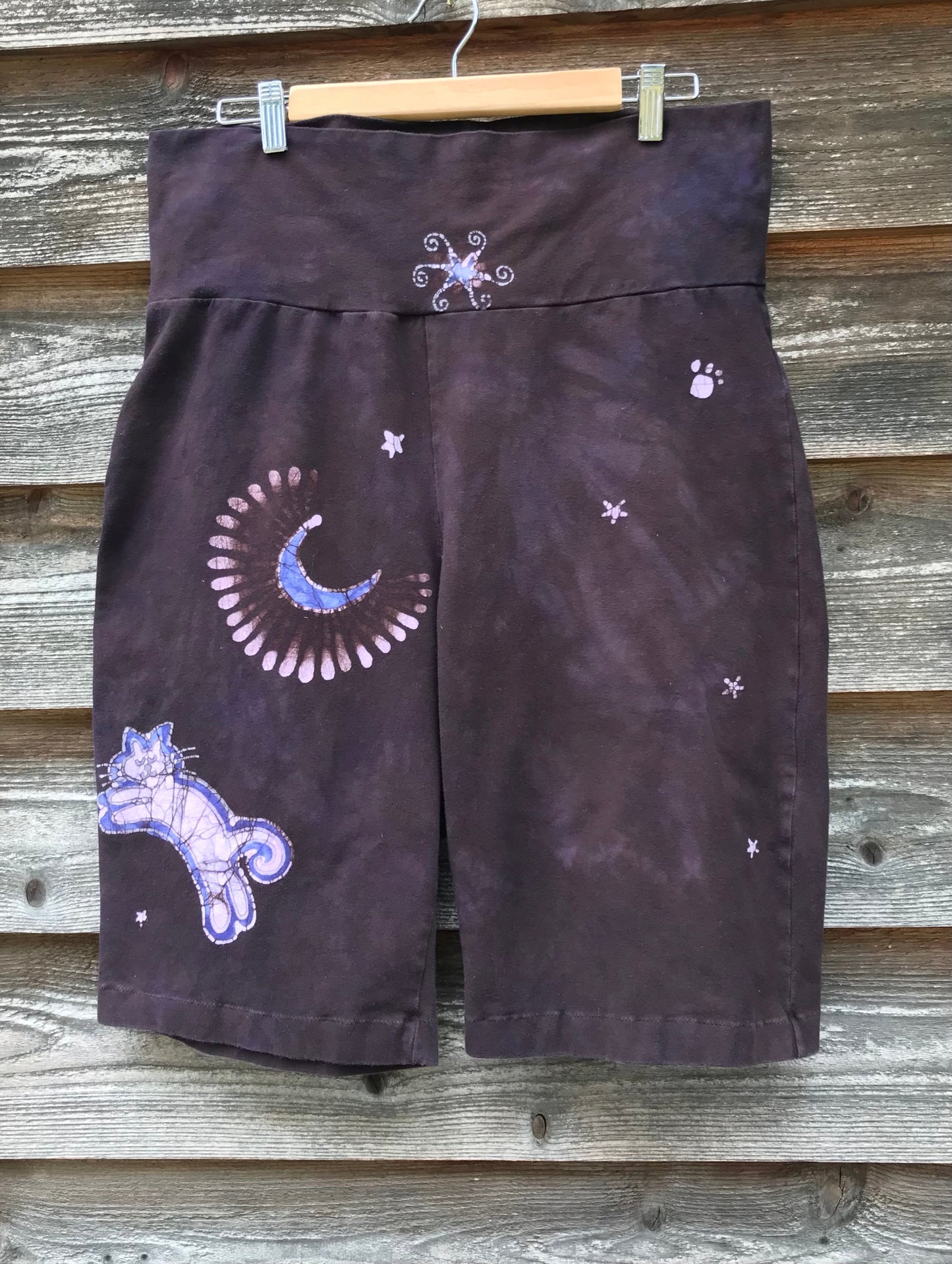 Cat and Moon and Stars Batik Biker Shorts - Purple Eggplant 2X Batikwalla by Victoria