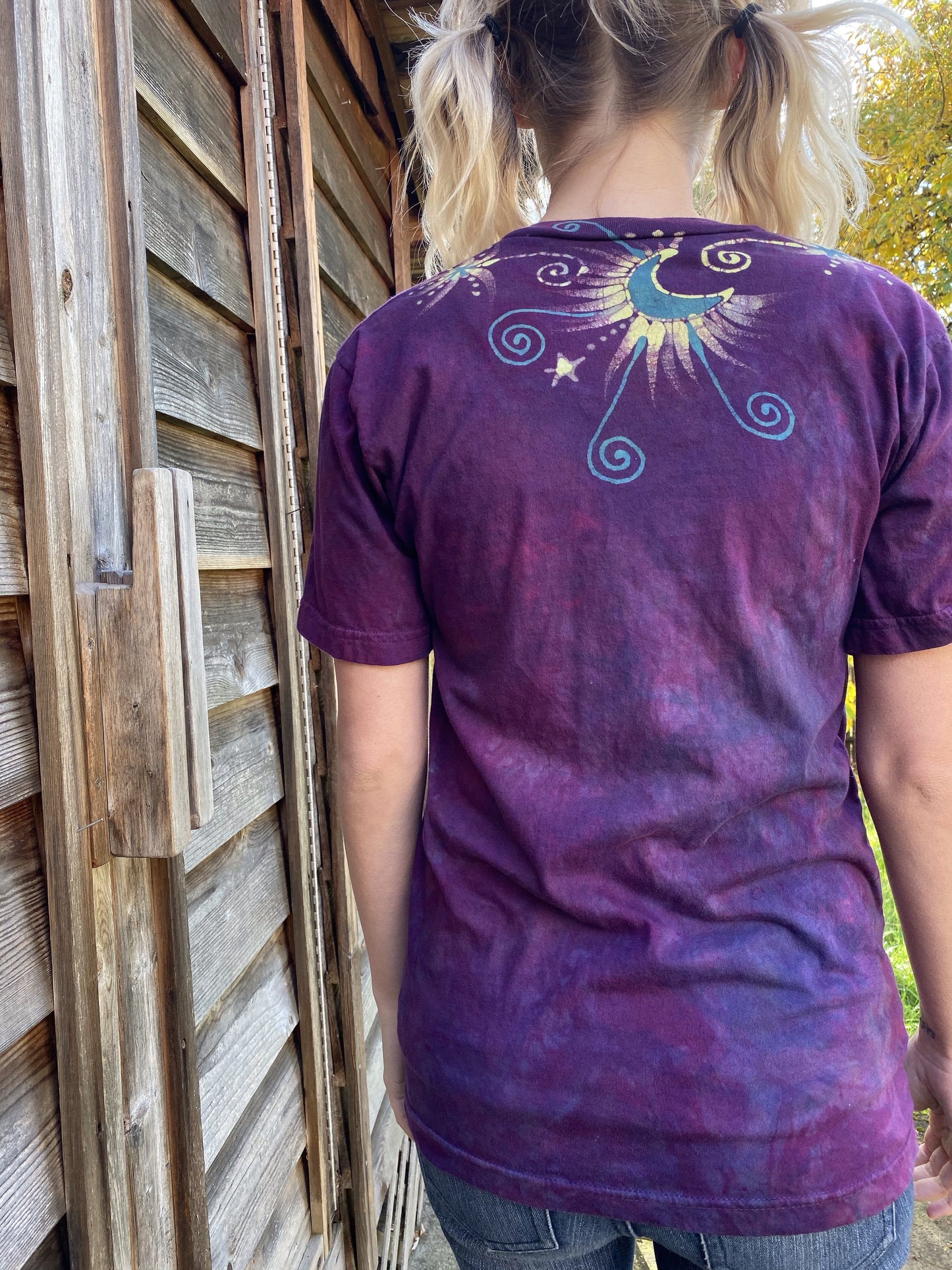 Centered In Light - HandCrafted Moons & Stars Vneck Tee Batikwalla by Victoria