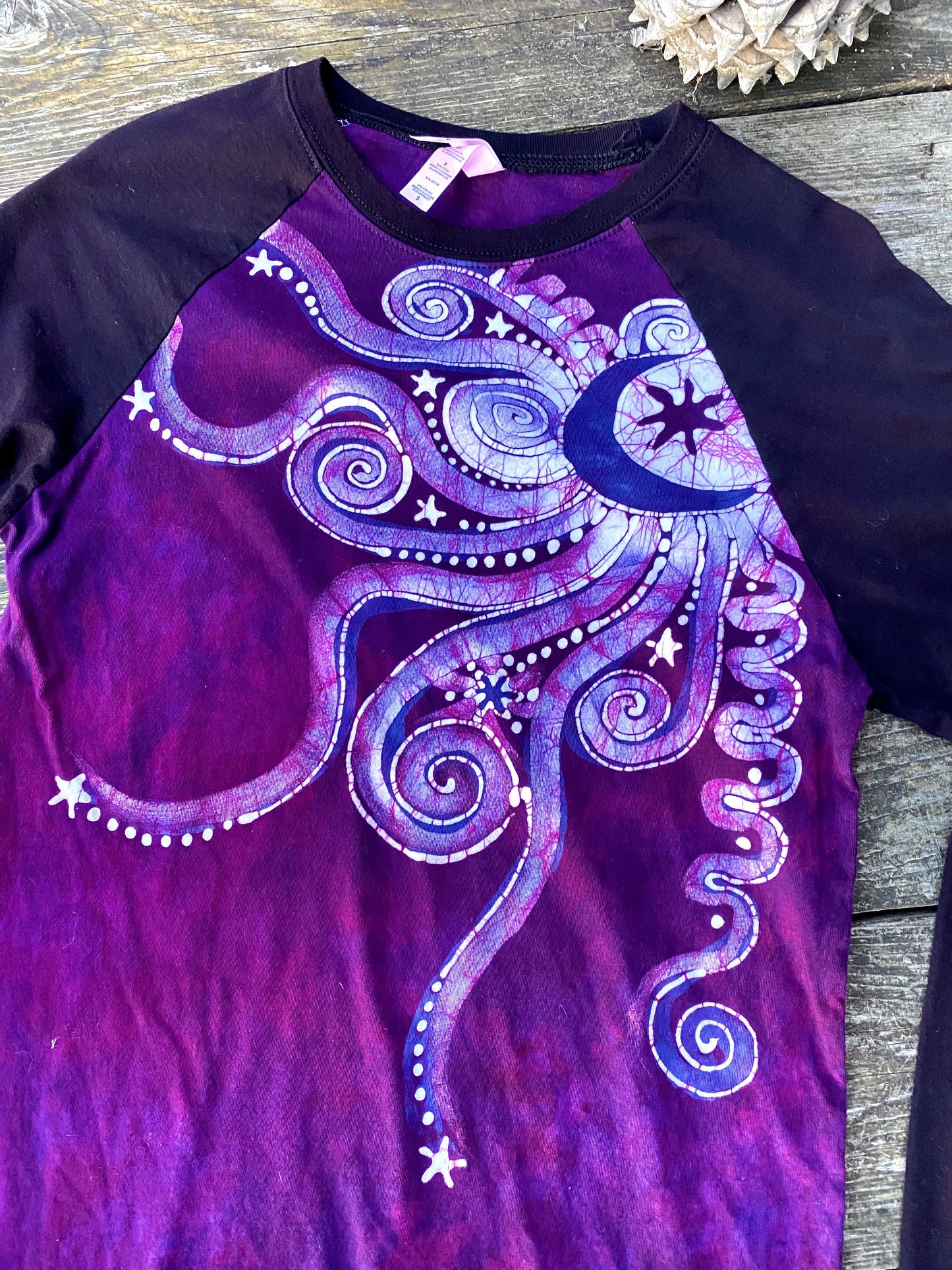 Dark Magenta Jeweled Moonbeams Black Raglan Long Sleeve Batik Top by Batikwalla Batikwalla