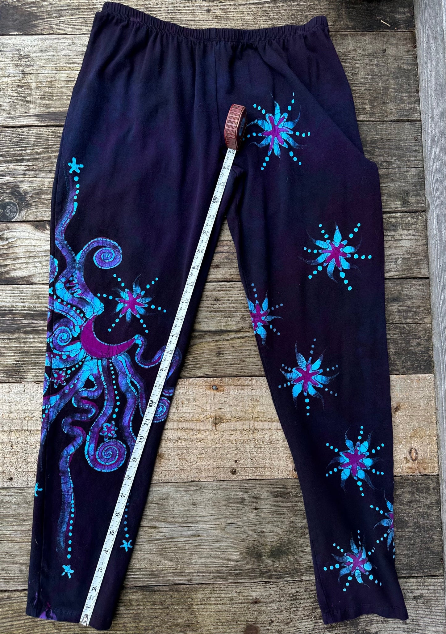 Deep Purple and Turquoise Moon and Star Batik Leggings - Size LARGE leggings batikwalla