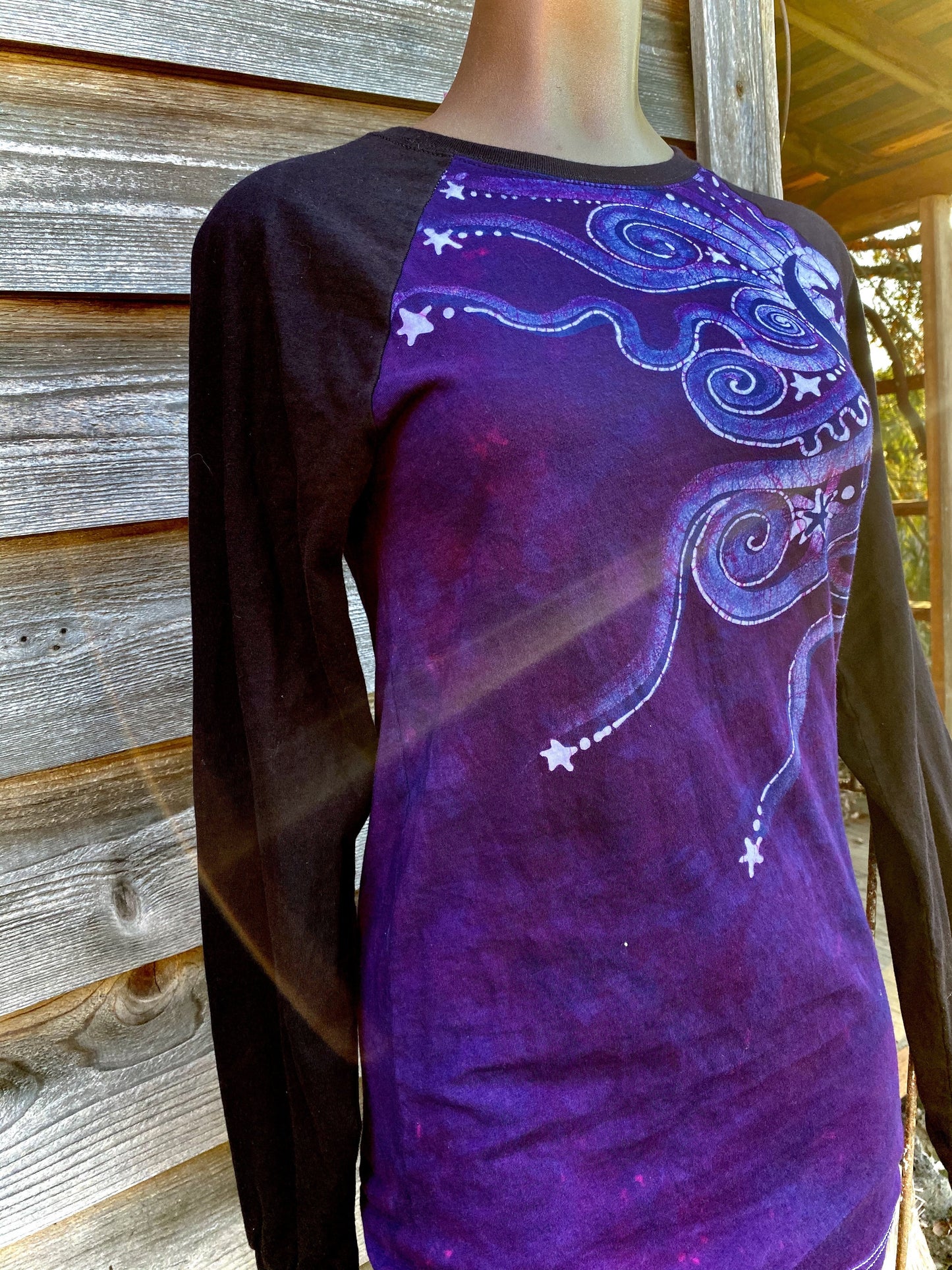 Dark Magenta Jeweled Moonbeams Black Raglan Long Sleeve Batik Top by Batikwalla Batikwalla