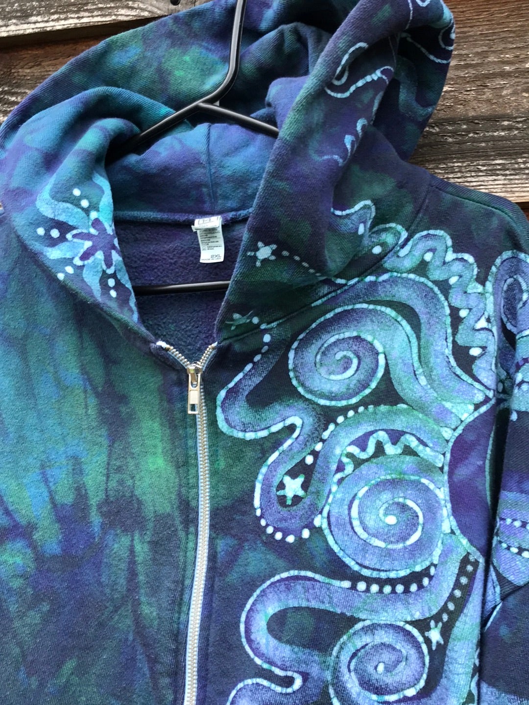 Teal and Purple Tree of Life Handcrafted Batik Zipper Hoodie - Size 2X hoodie batikwalla