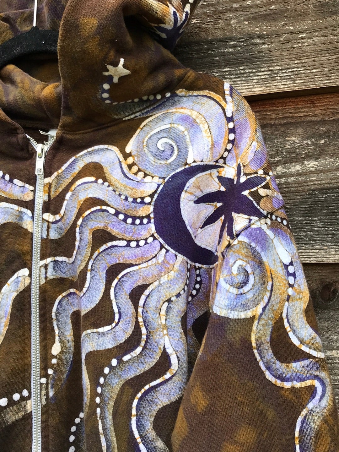Dark Gold and Purple Moon and Star Handcrafted Batik Zipper Hoodie - Size Small hoodie batikwalla