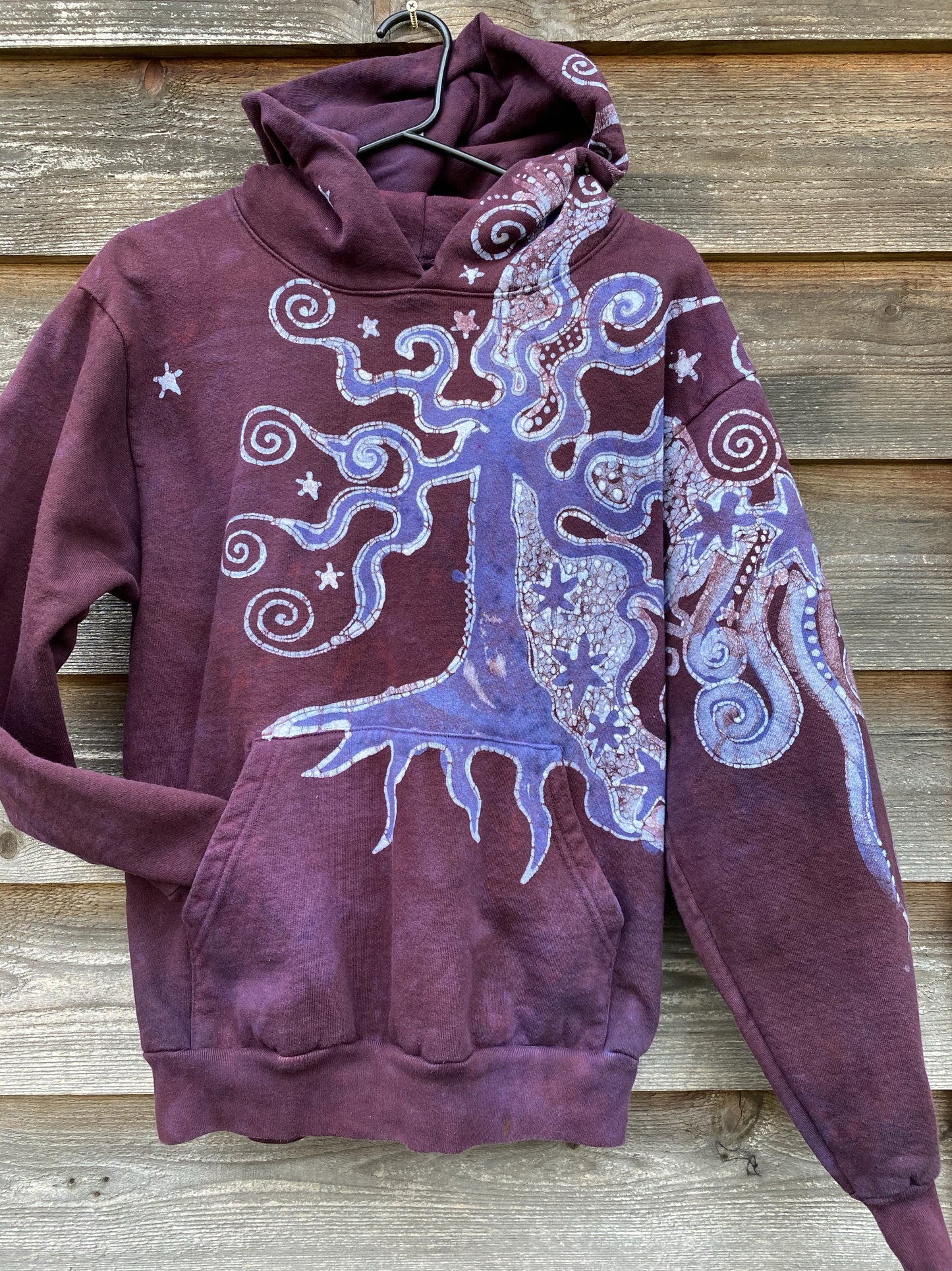 Tree Moon Magic All Around Me in Burgundy Purple Pullover Hoodie - Handcrafted Batik - Size SMALL hoodie batikwalla