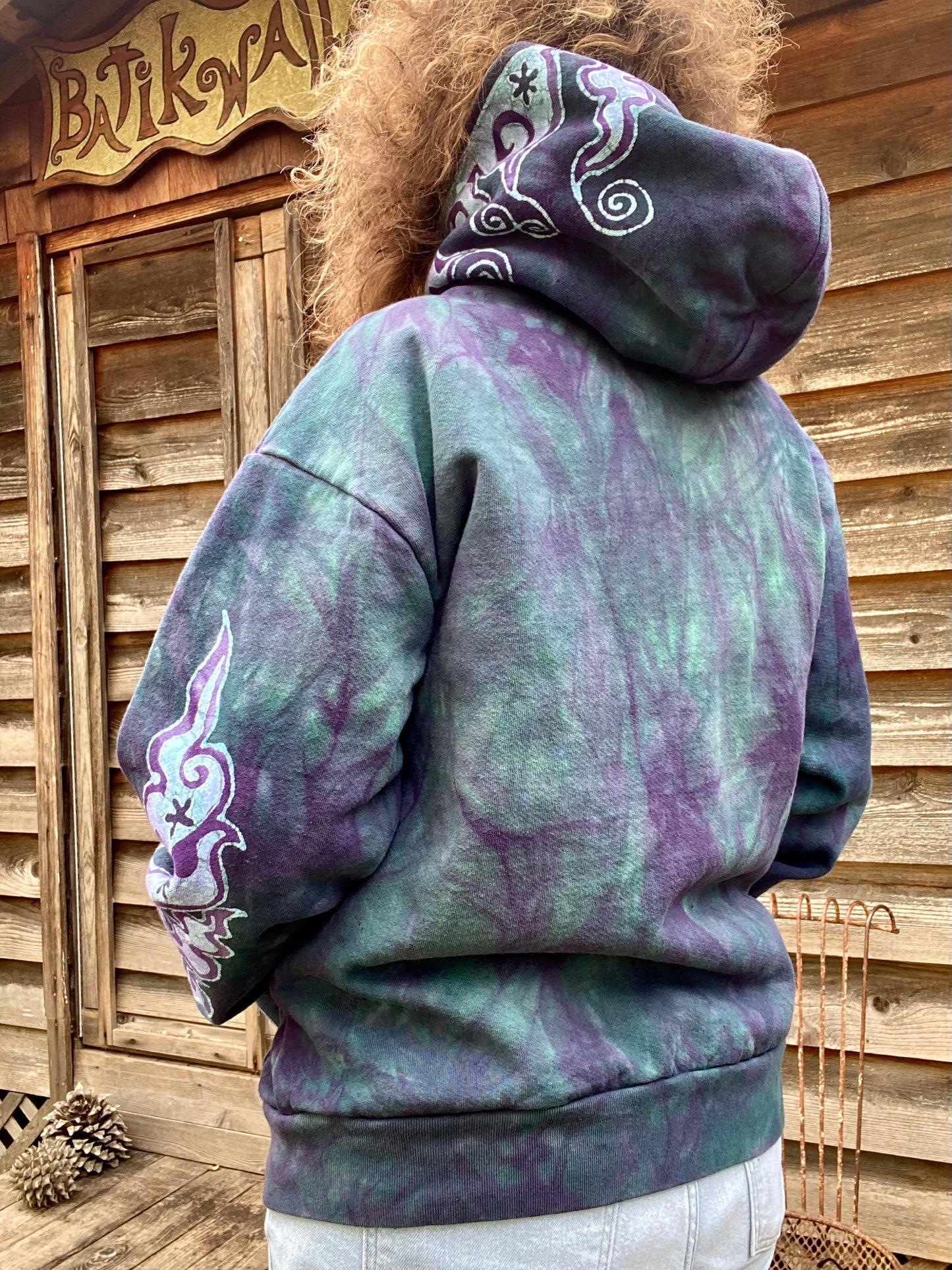 Teal and Purple Tuxedo Swirls with Stars Handcrafted Batik Zipper Hoodie - Medium hoodie batikwalla