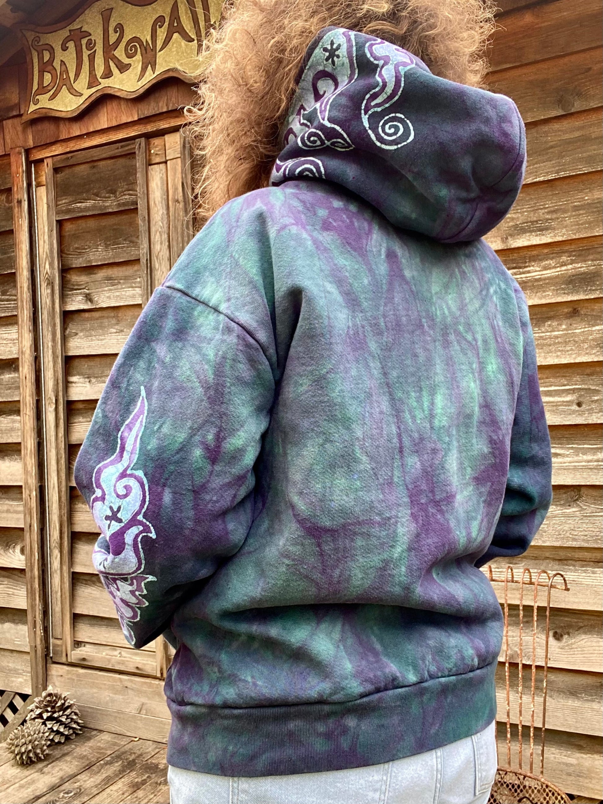 Teal and Purple Tuxedo Swirls with Stars Handcrafted Batik Zipper Hoodie - Medium hoodie batikwalla