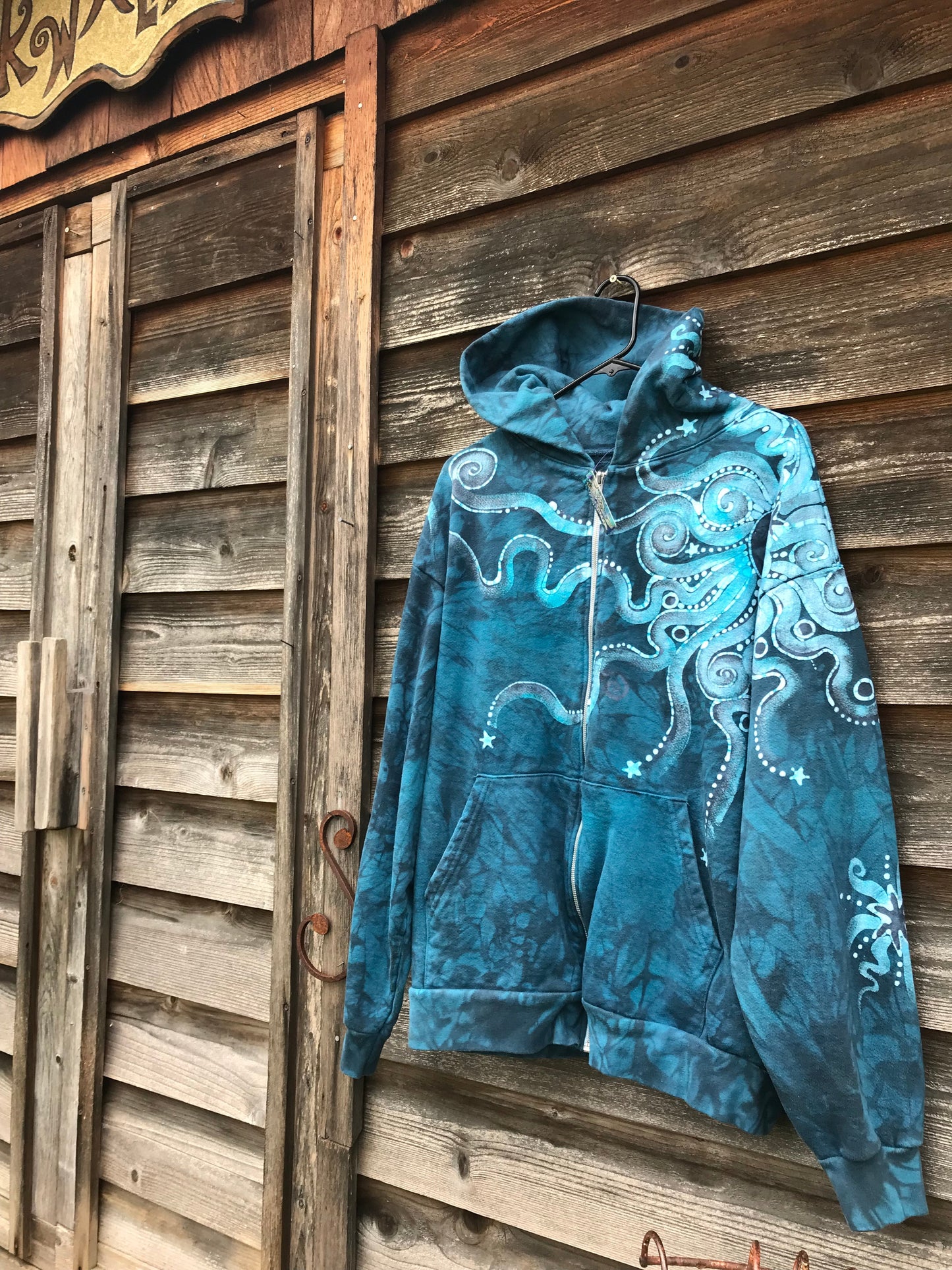 Denim Blue Moon Handcrafted Batik Zipper Hoodie - Size 2X hoodie batikwalla