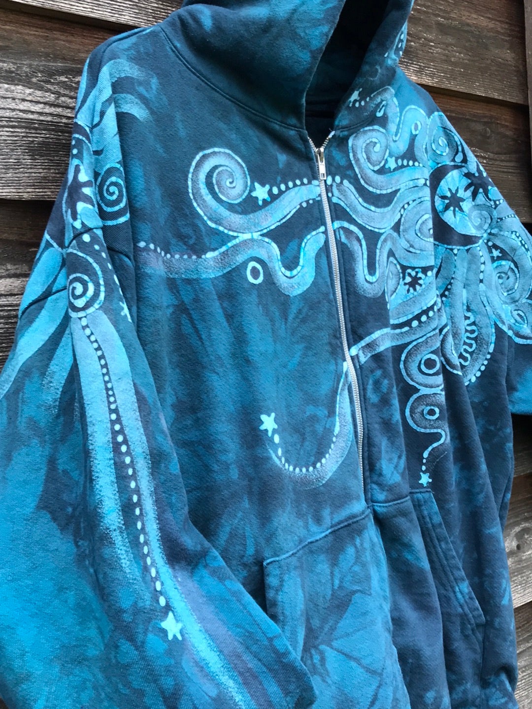 Denim Blue Moon Handcrafted Batik Zipper Hoodie - Size 2X hoodie batikwalla