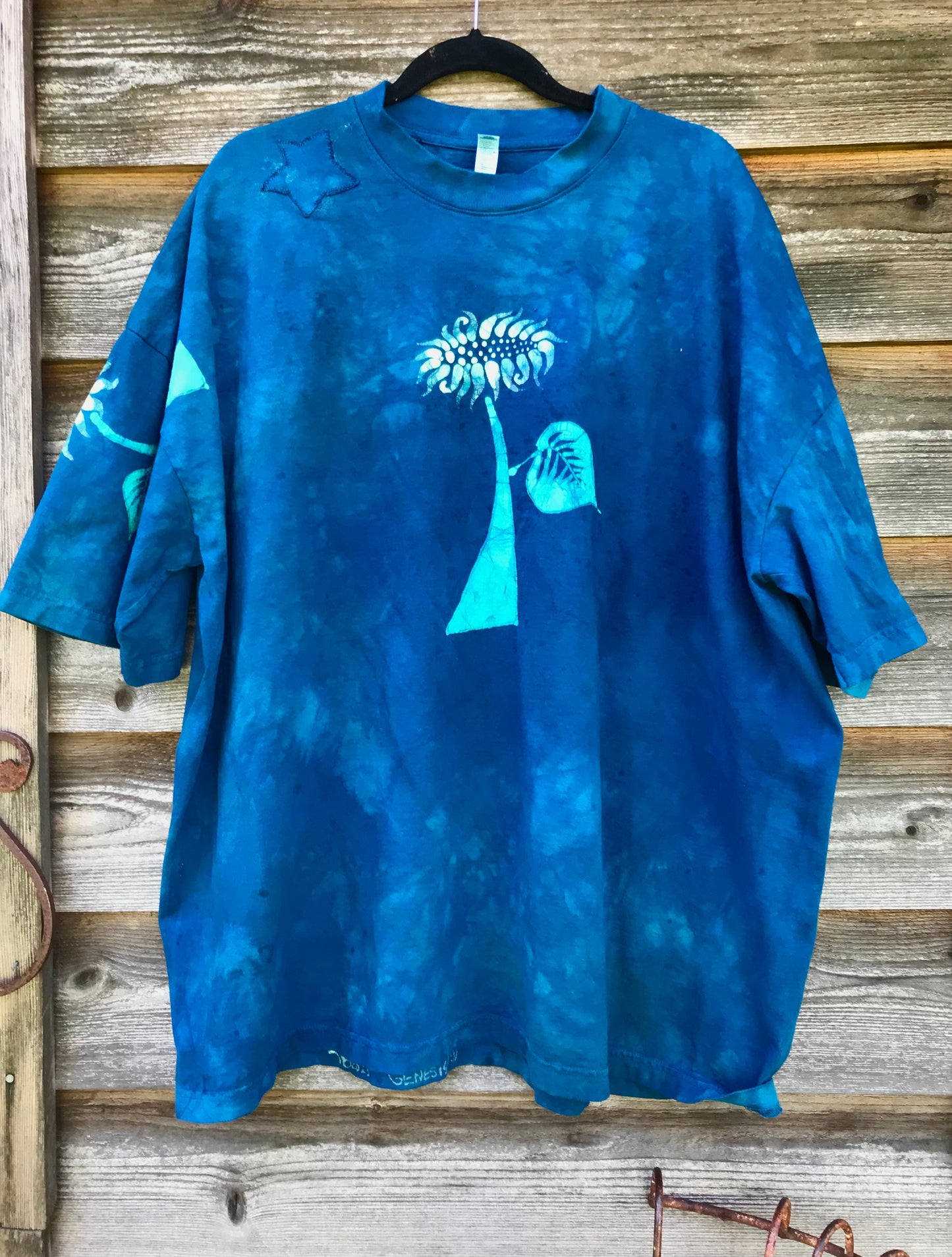Blue Sunflower Power Hand Painted Batik Tshirt - Imperfect, Size 3X ONLY tshirt batikwalla