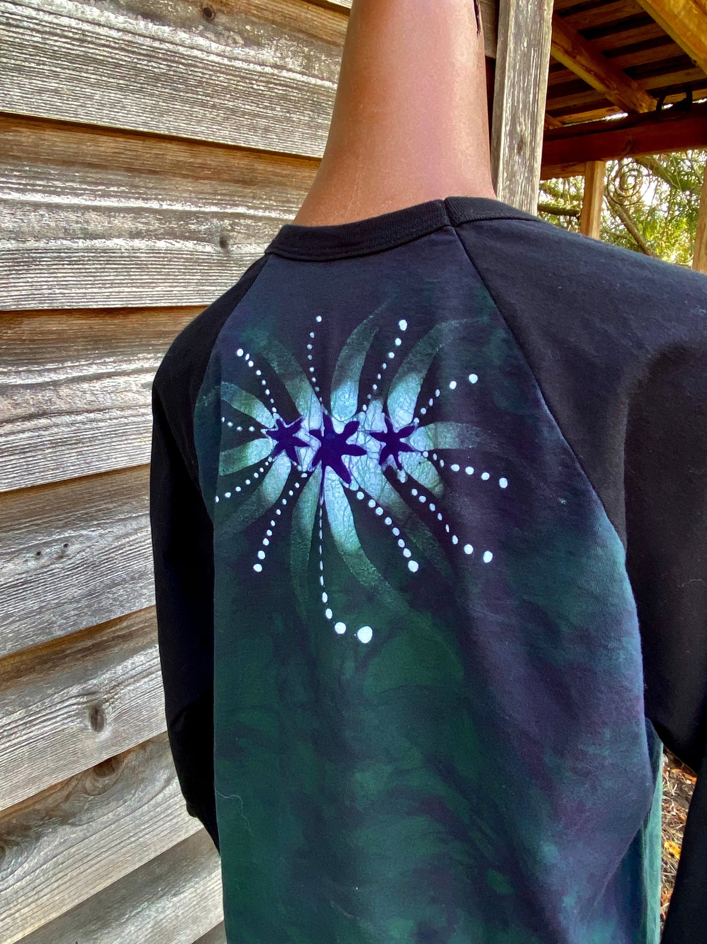 Teal Moonbeams Black Raglan 3/4 Sleeve Batik Top Batikwalla