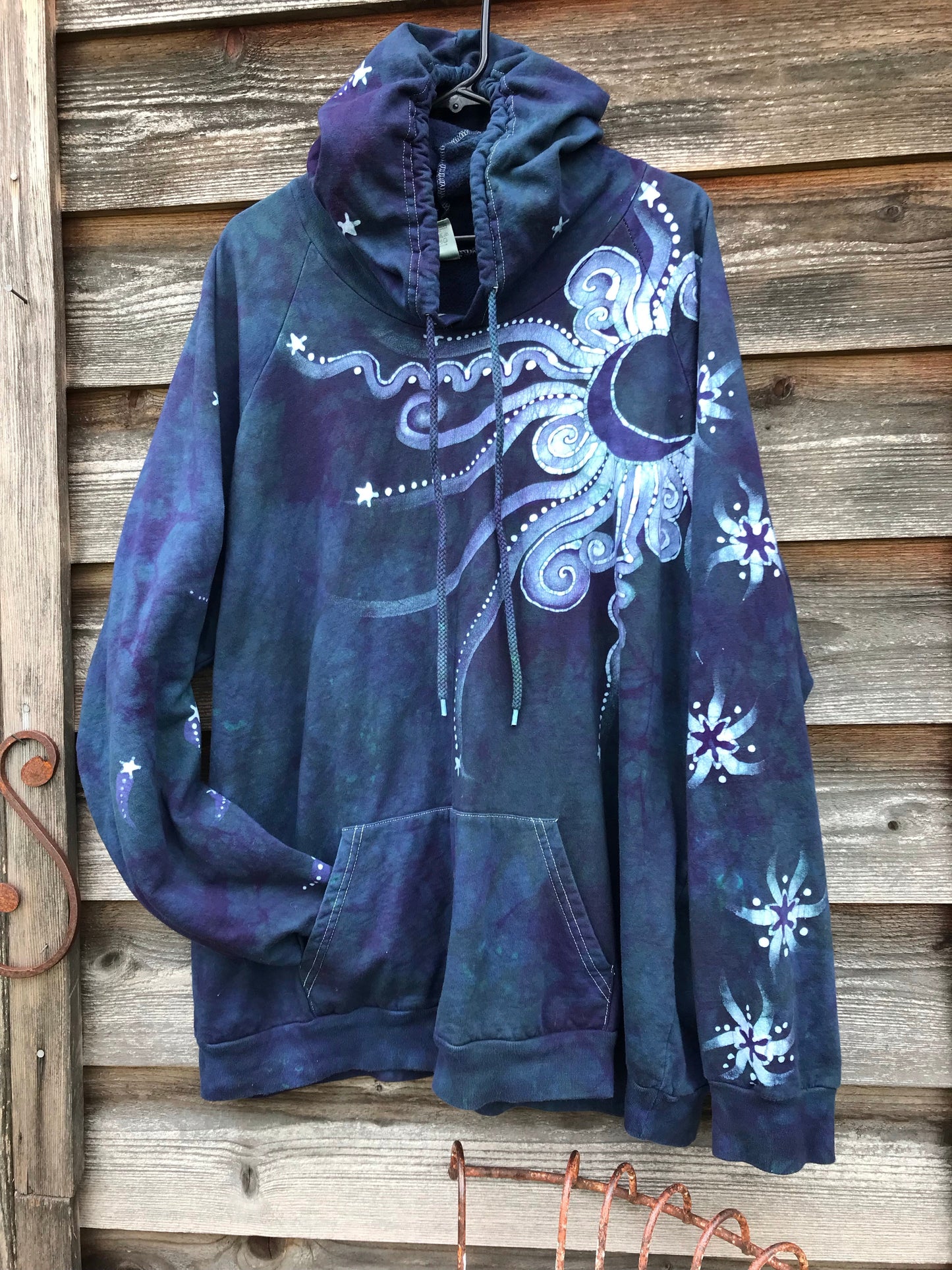 Drab Teal Moon Pullover Batik Hoodie in Organic Cotton - Made Oversize in 3X hoodie batikwalla
