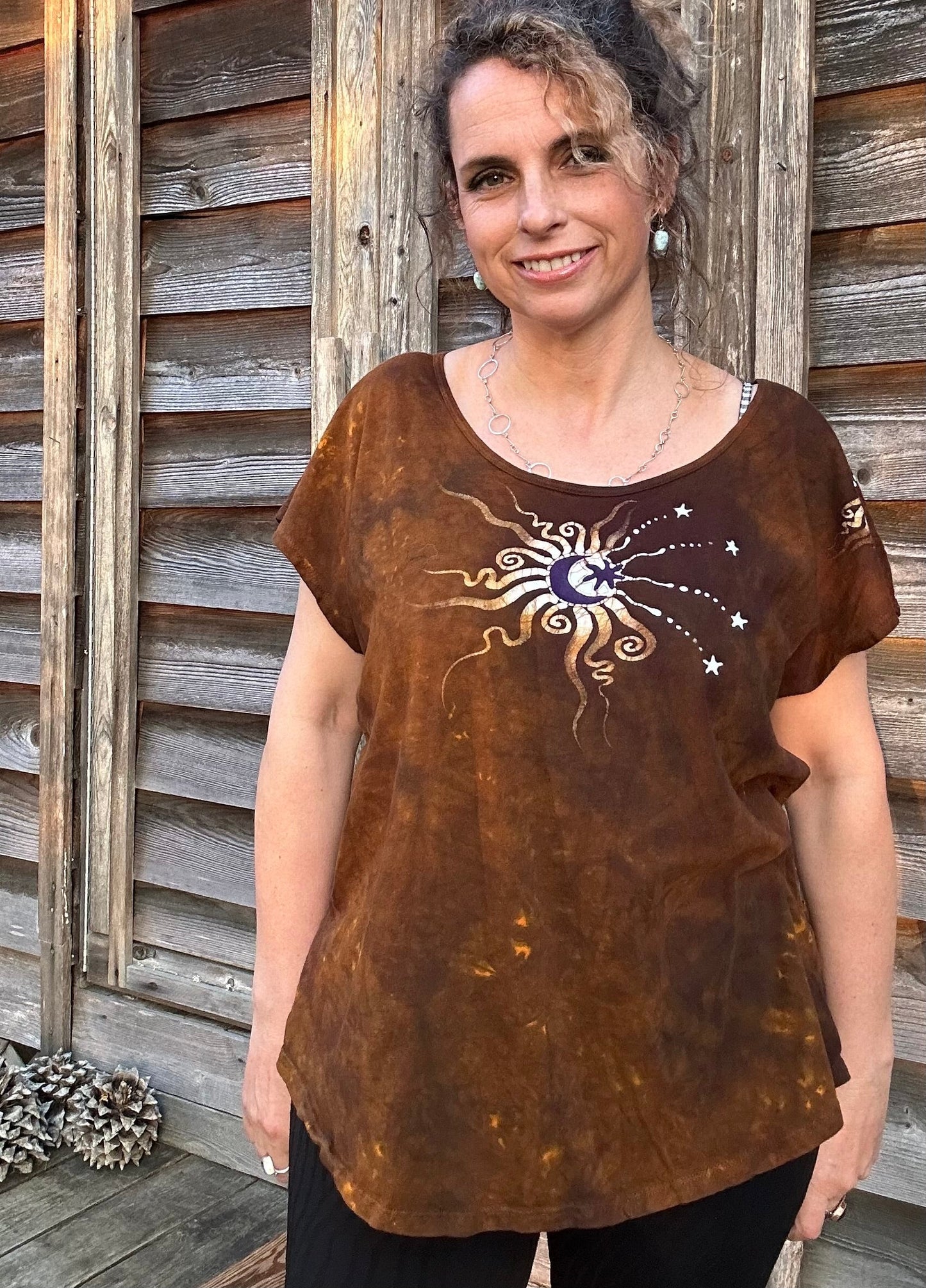Dark Gold and Purple Moonbeams Handmade Batik Scoop Neck Tshirt Tops batikwalla XL