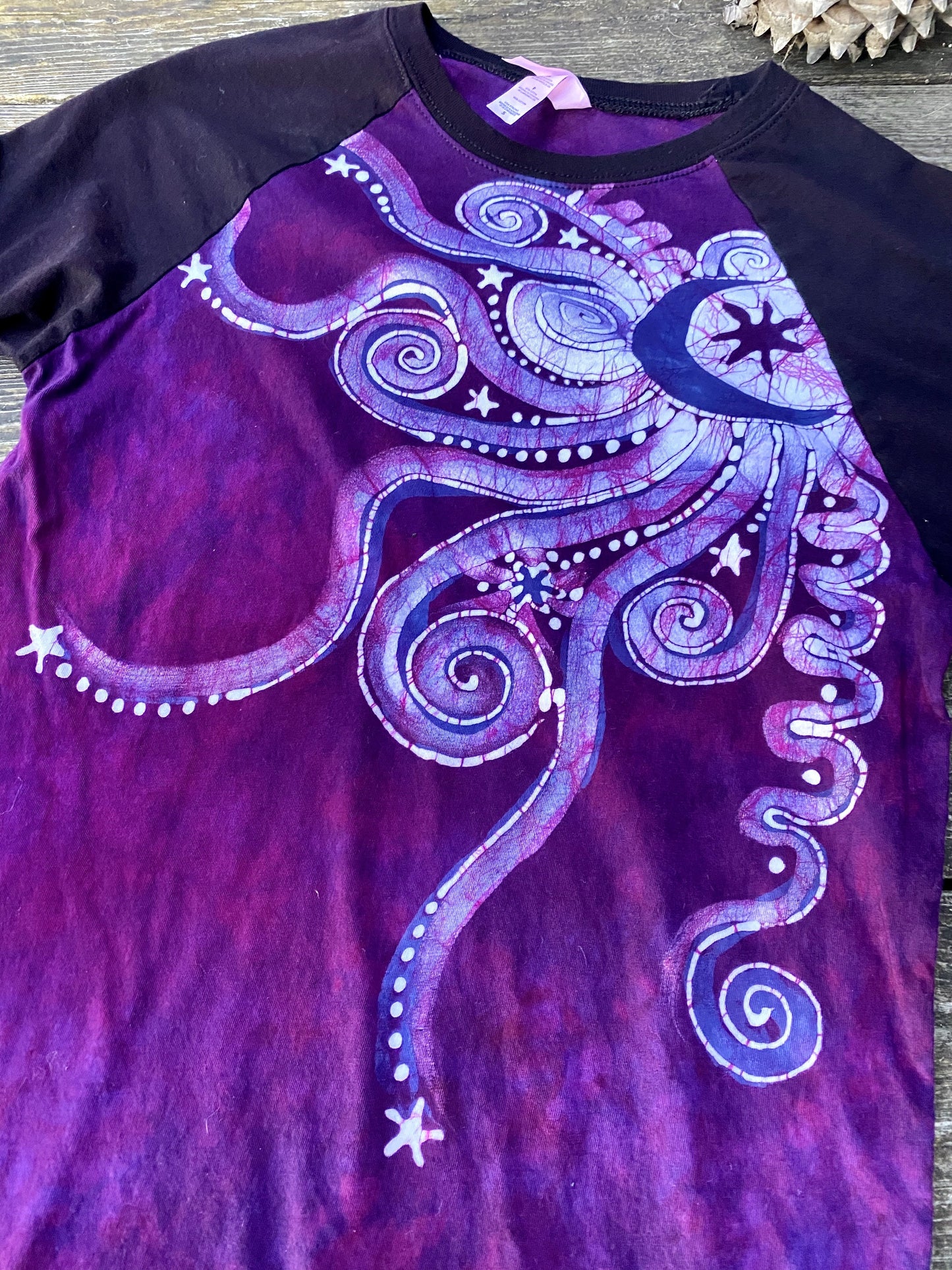 Dark Magenta Jeweled Moonbeams Black Raglan Long Sleeve Batik Top by Batikwalla Batikwalla