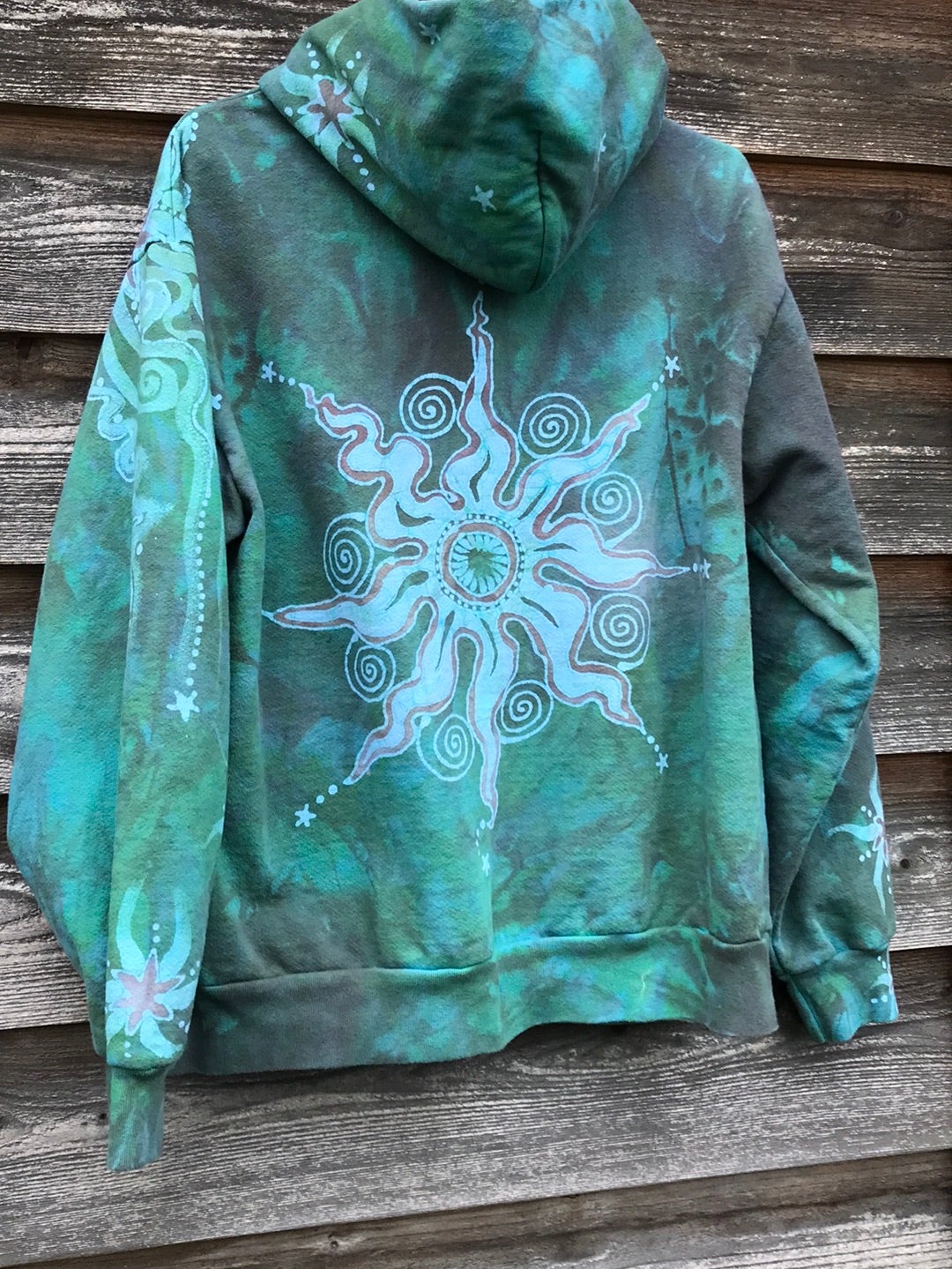 Mushroom and Moss Green Moon Handcrafted Batik Zipper Hoodie - Size Medium hoodie batikwalla