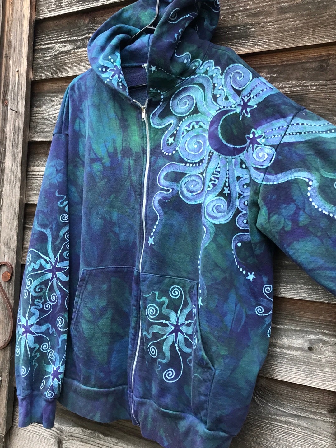 Teal and Purple Tree of Life Handcrafted Batik Zipper Hoodie - Size 2X hoodie batikwalla