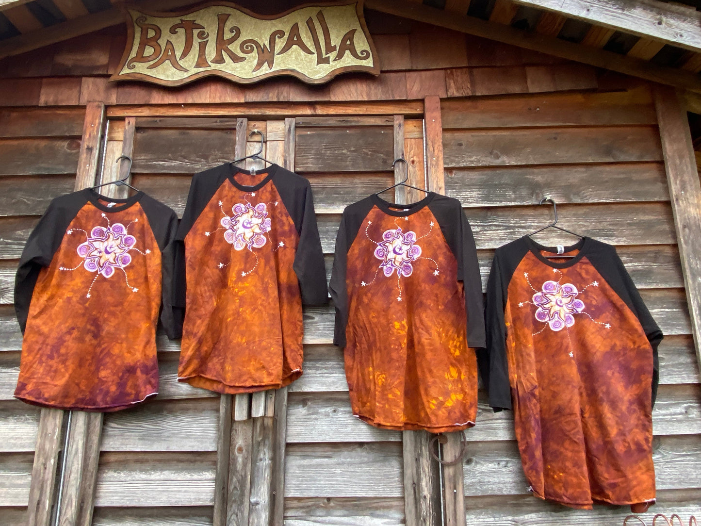 Big Sun Moon Star Swirls Black Raglan 3/4 Sleeve Batik Top Batikwalla 2X