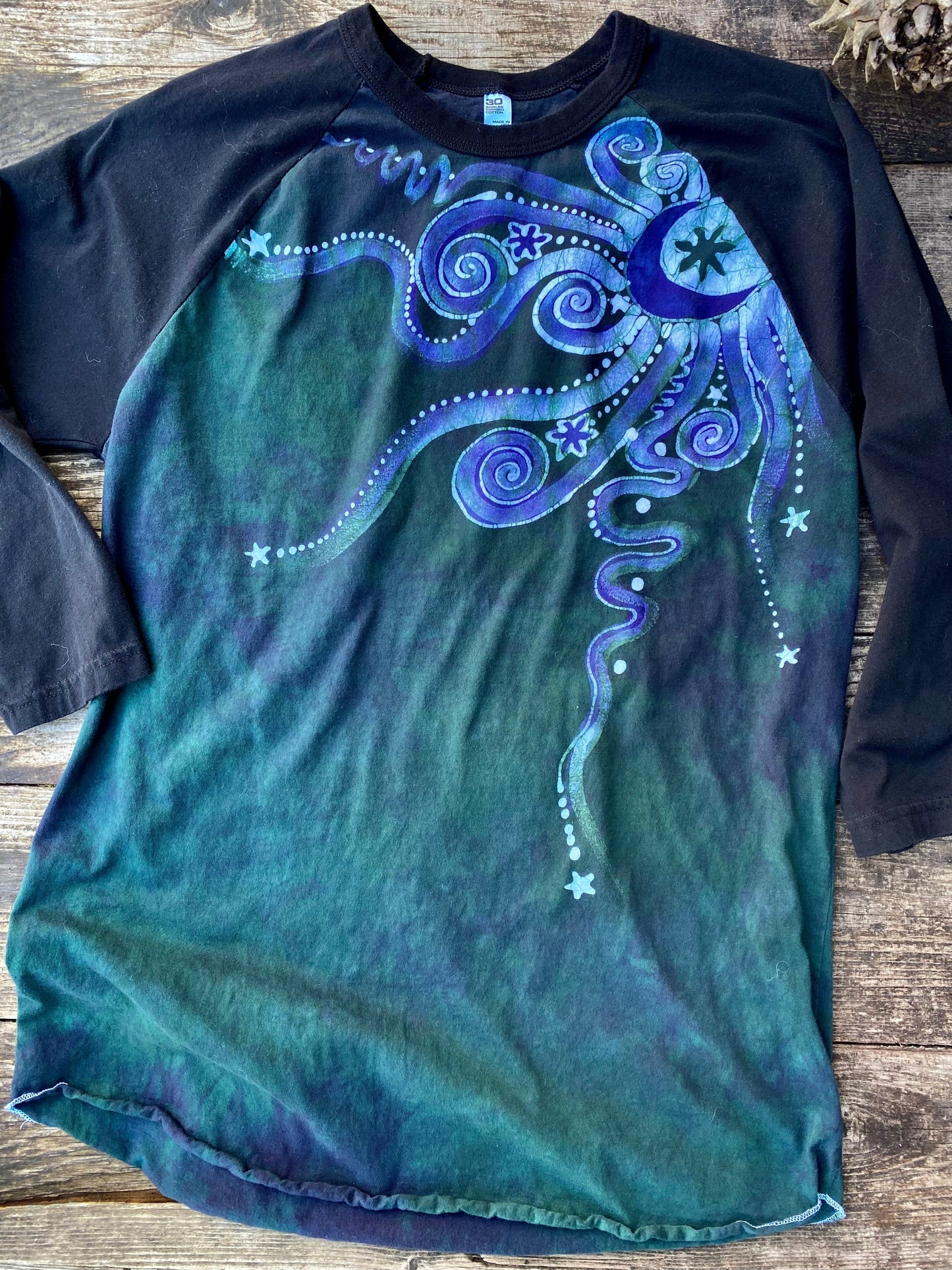 Teal Moonbeams Black Raglan 3/4 Sleeve Batik Top Batikwalla Large