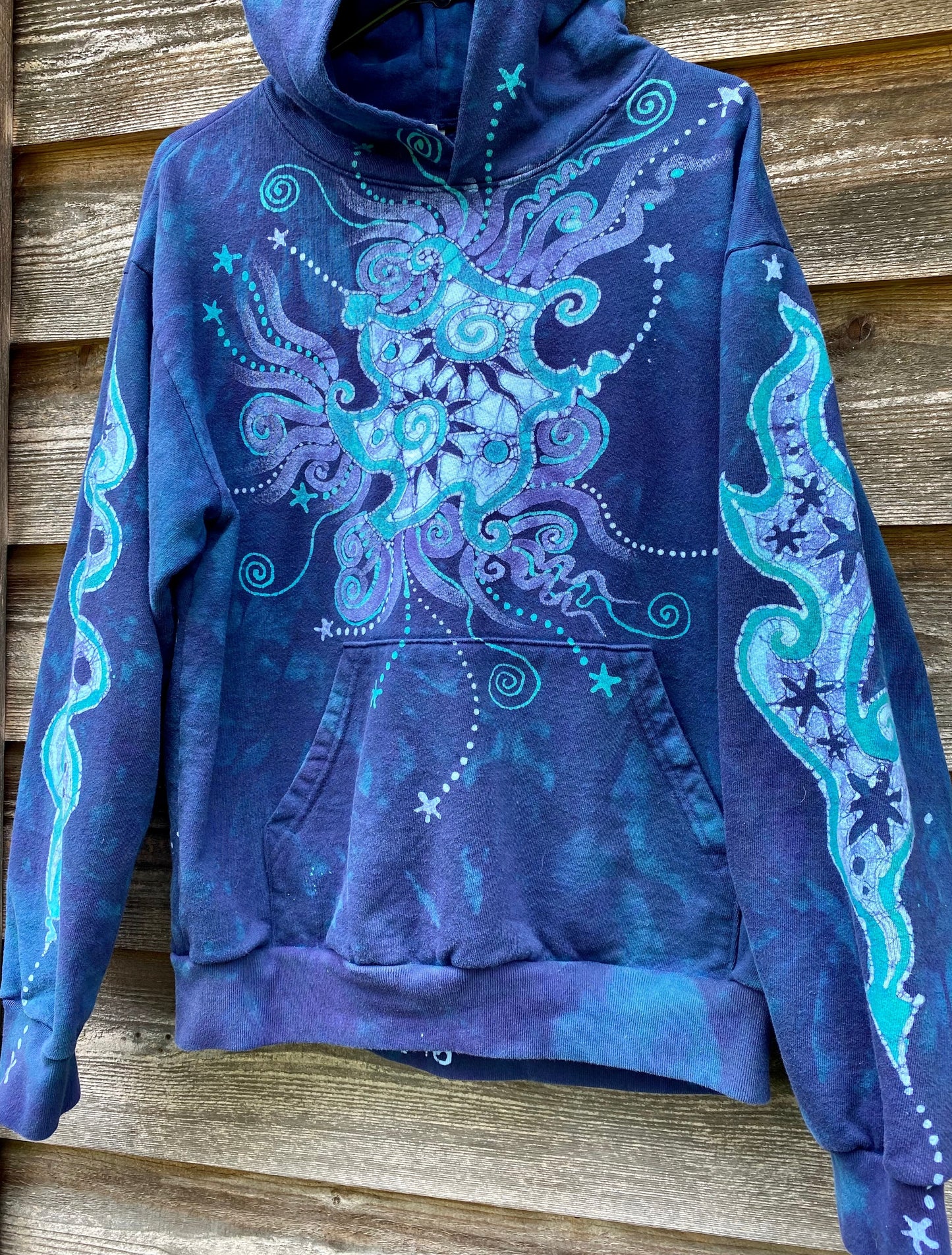 Aqua Serene Moon and Stars - Handcrafted Batik Pullover Hoodie - Size Small ONLY hoodie batikwalla
