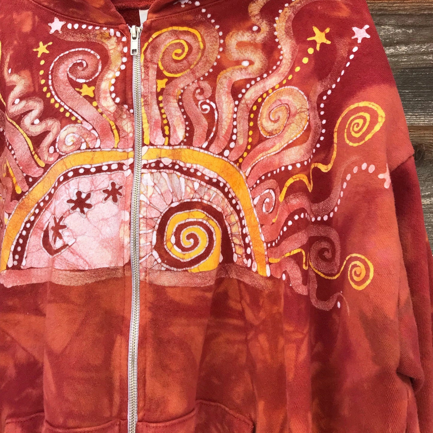 Cayenne Orange Sunset Handcrafted Batik Zipper Hoodie - Size Large hoodie batikwalla