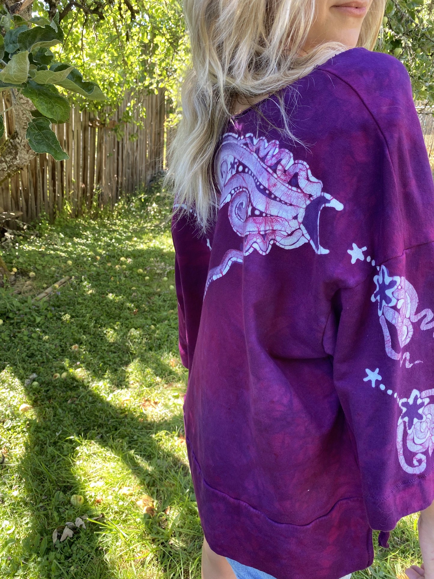 Berry Moon Deep Vneck Organic Cotton Handmade Batik Top, Size XL + Batik Dresses Batikwalla