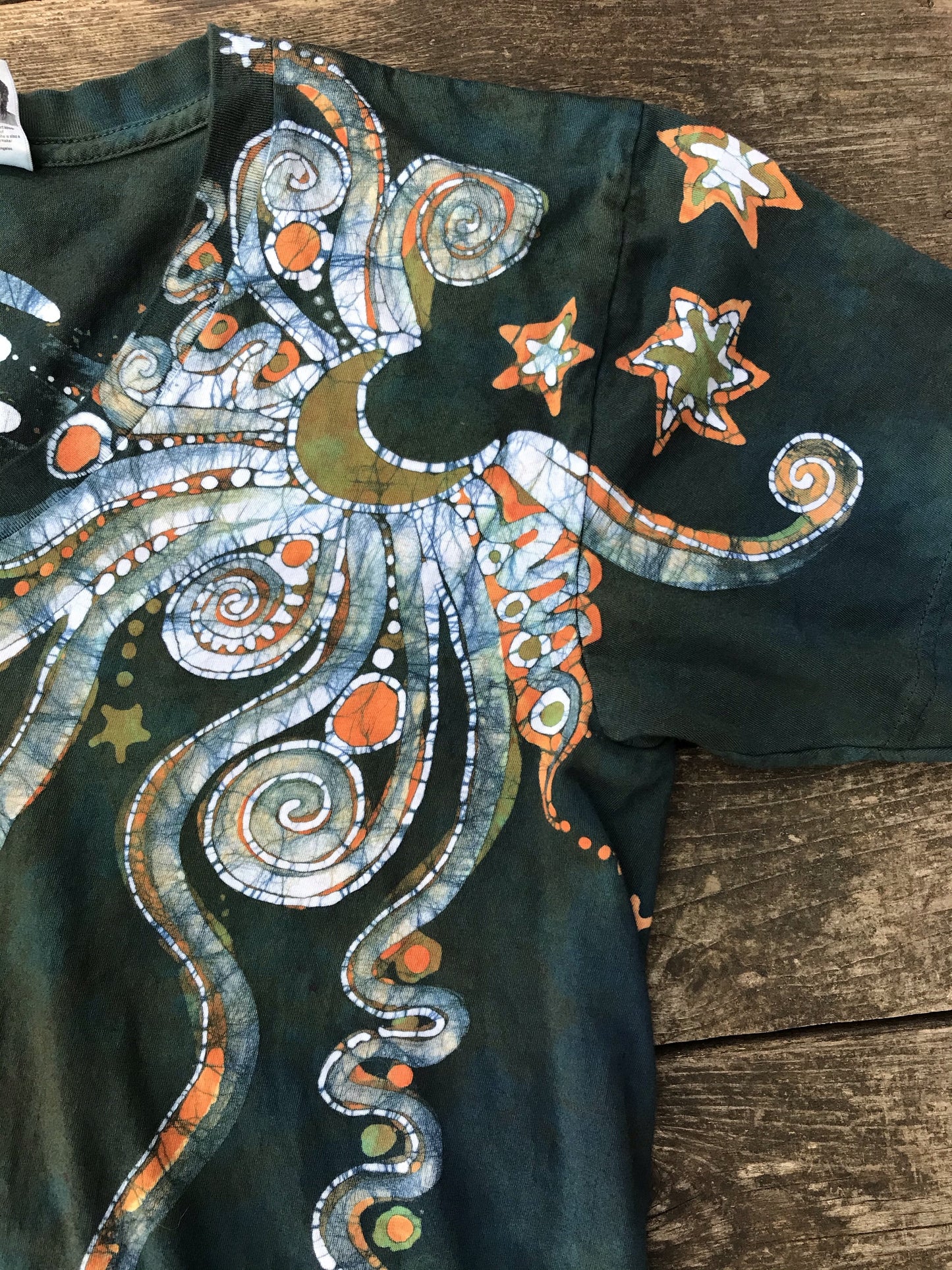 Peach and Teal Moonbeams Hand Painted Batikwalla Vneck Tshirt - Unisex Tshirts batikwalla