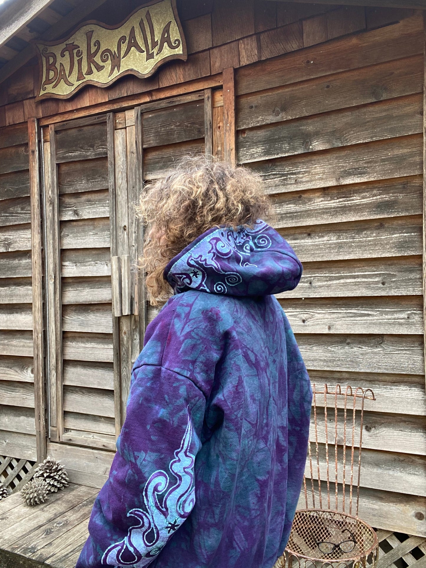 Teal and Purple Tuxedo Swirls with Stars Handcrafted Batik Zipper Hoodie - Size 2X hoodie batikwalla