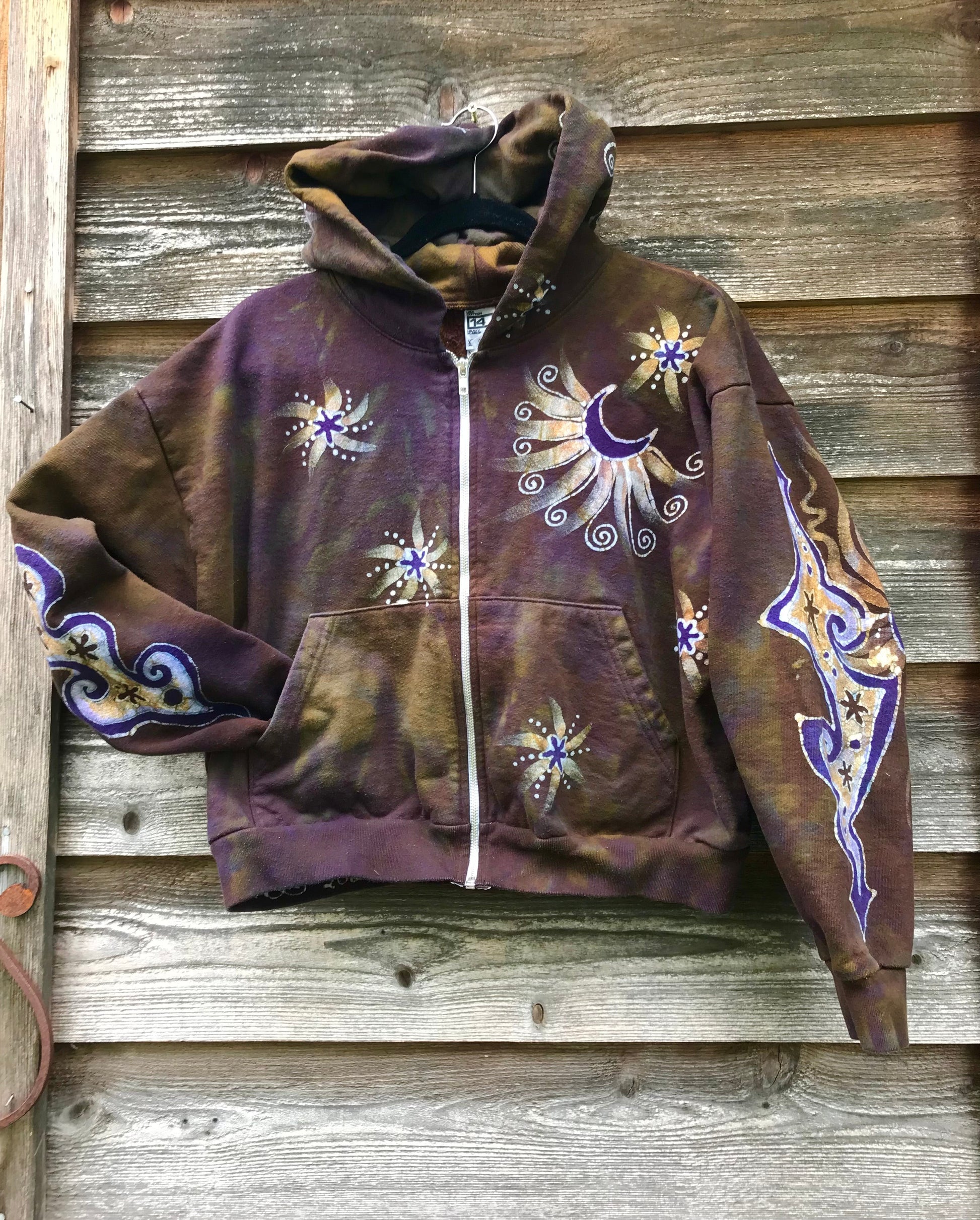 Dark Gold and Purple Moon and Stars Handmade Batik Hoodie - Size M/L hoodie batikwalla
