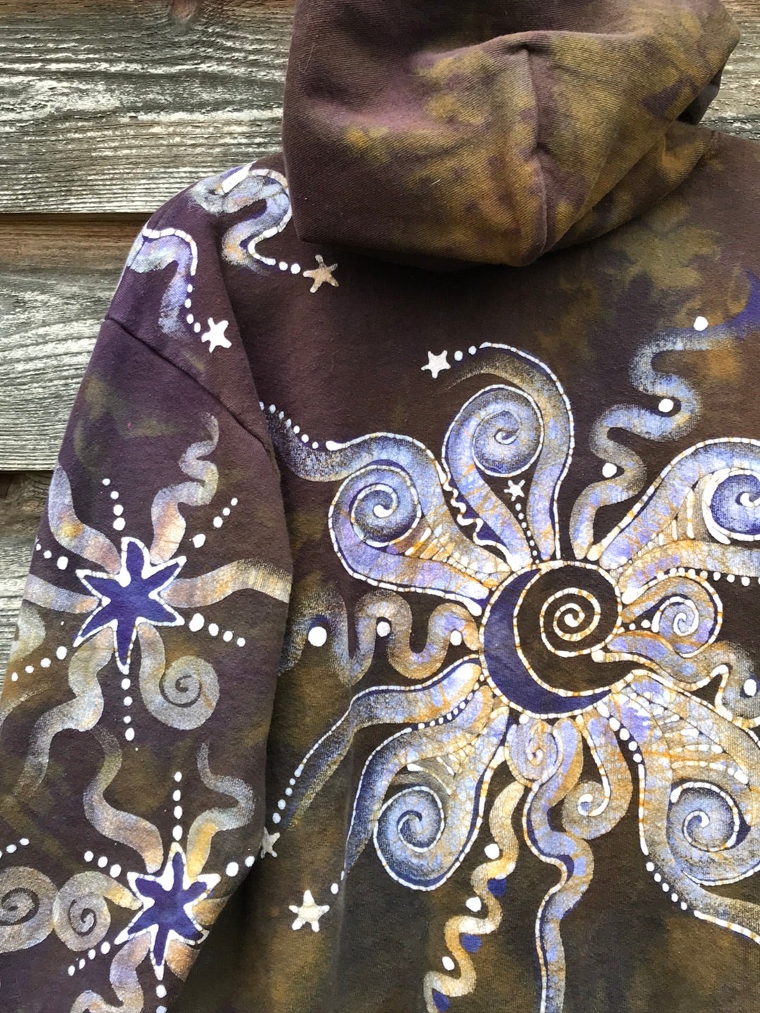 Dark Gold and Purple Moon and Star Handcrafted Batik Zipper Hoodie - Size Medium hoodie batikwalla