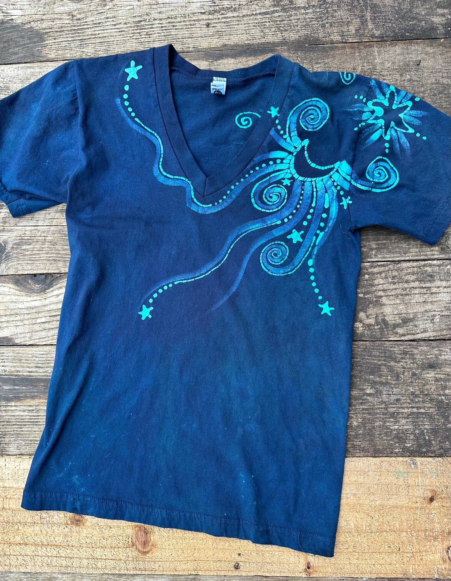 The Stars Will Guide Us Vneck Tee in Blue Teal - Size XS Unisex Tshirts Batikwalla by Victoria