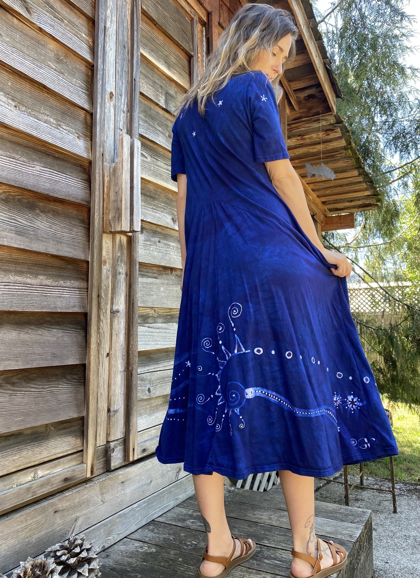 Blue Moon Galaxy - Hand Painted Short Sleeve Batik Dress - With Pockets Batik Dresses Batikwalla