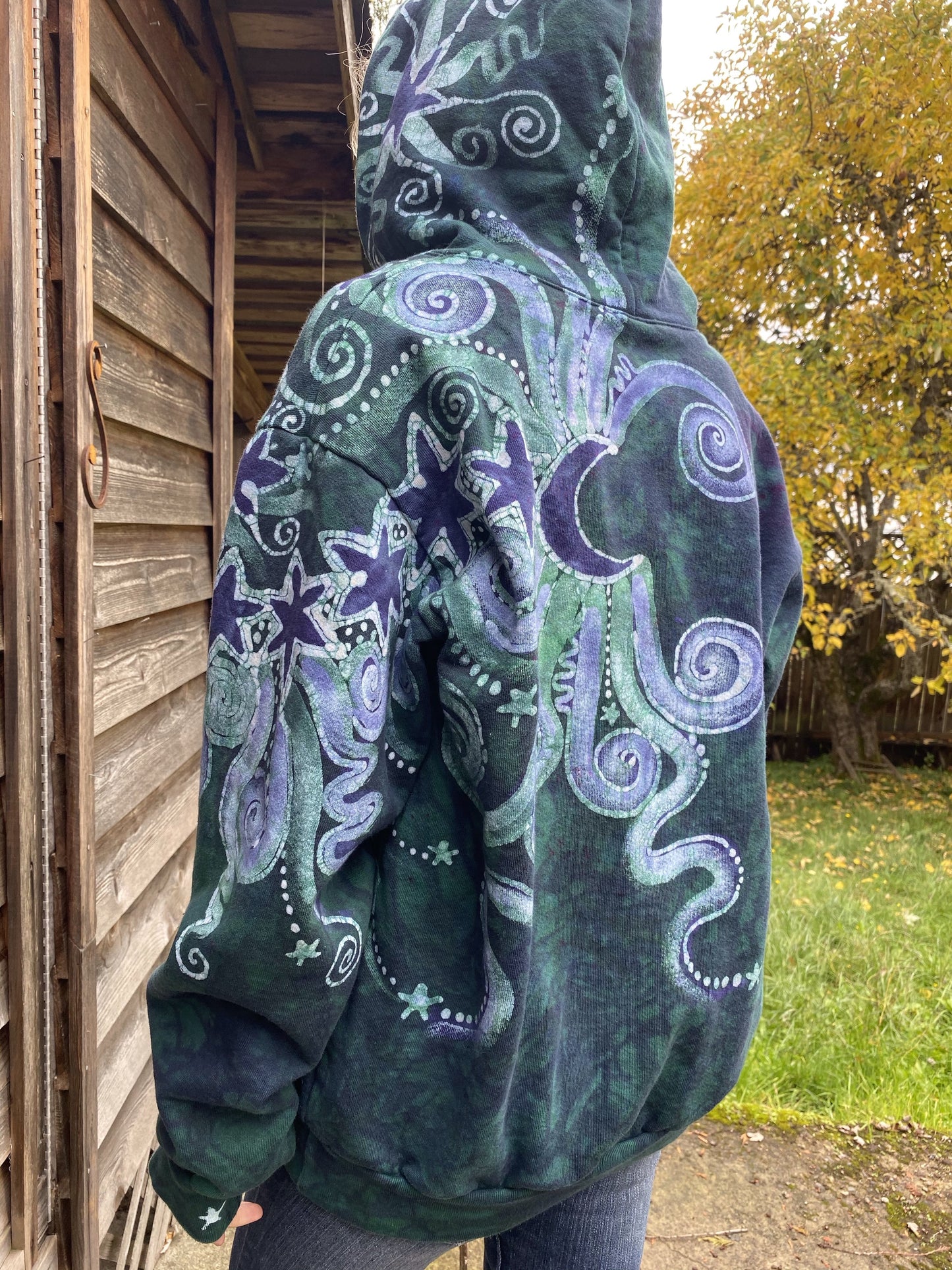Tree Moon Magic Is Everywhere in Teal and Purple Pullover Hoodie - Handcrafted Batik hoodie batikwalla