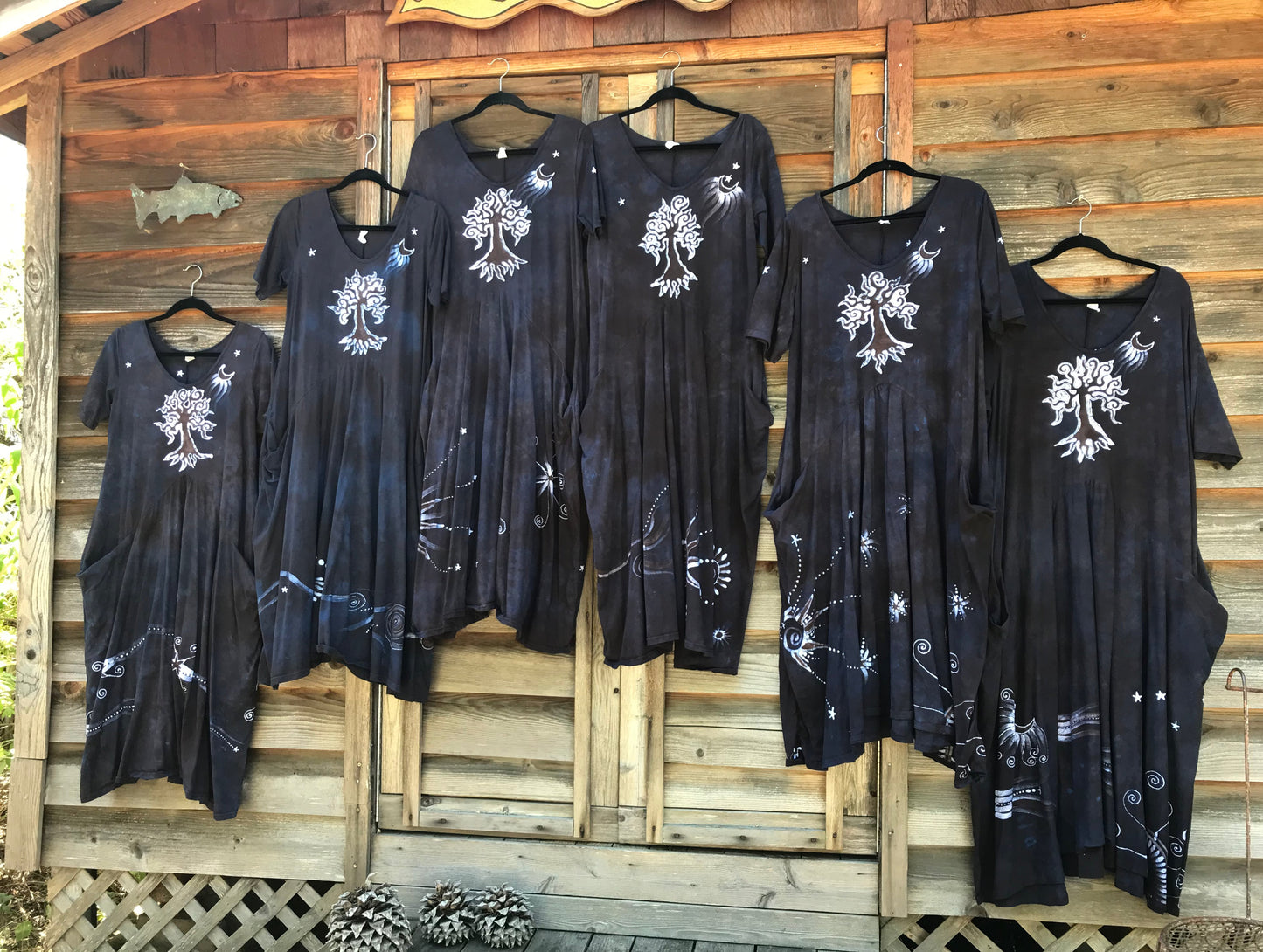 Rustic Denim Tree - Hand Painted Short Sleeve Batik Dress - With Pockets Batik Dresses Batikwalla