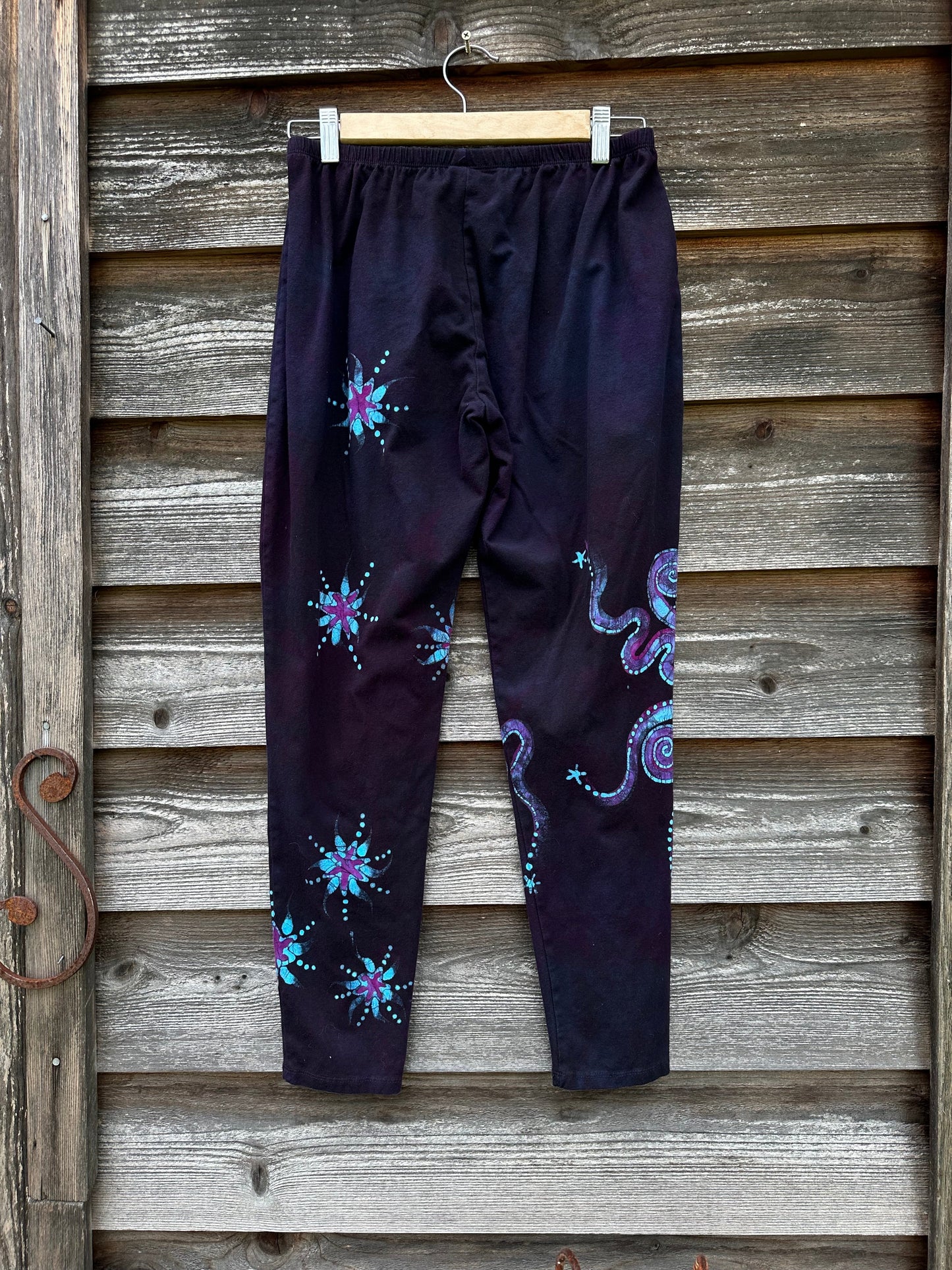 Deep Purple and Turquoise Moon and Star Batik Leggings - Size LARGE leggings batikwalla