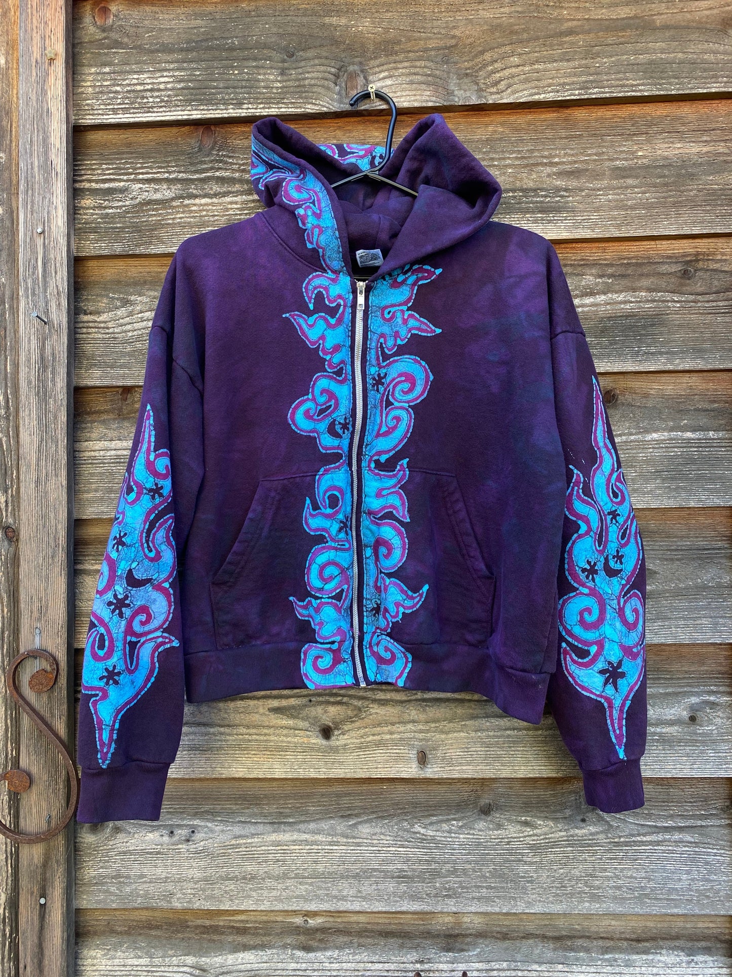 Midnight Purple with Turquoise Flames Handmade Batik Hoodie - Size M/L hoodie batikwalla