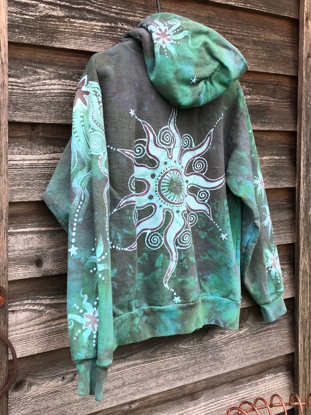 Mushroom and Moss Green Moon Handcrafted Batik Zipper Hoodie - Size Small hoodie batikwalla