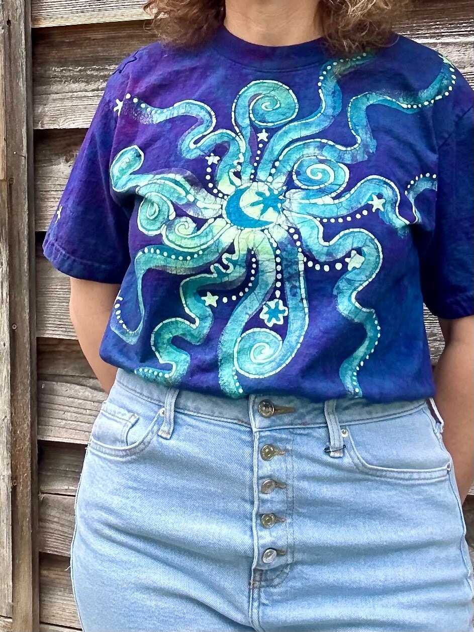 Aurora Borealis Handmade Batik Tshirt with Hidden Star Appliqué tshirt batikwalla Small