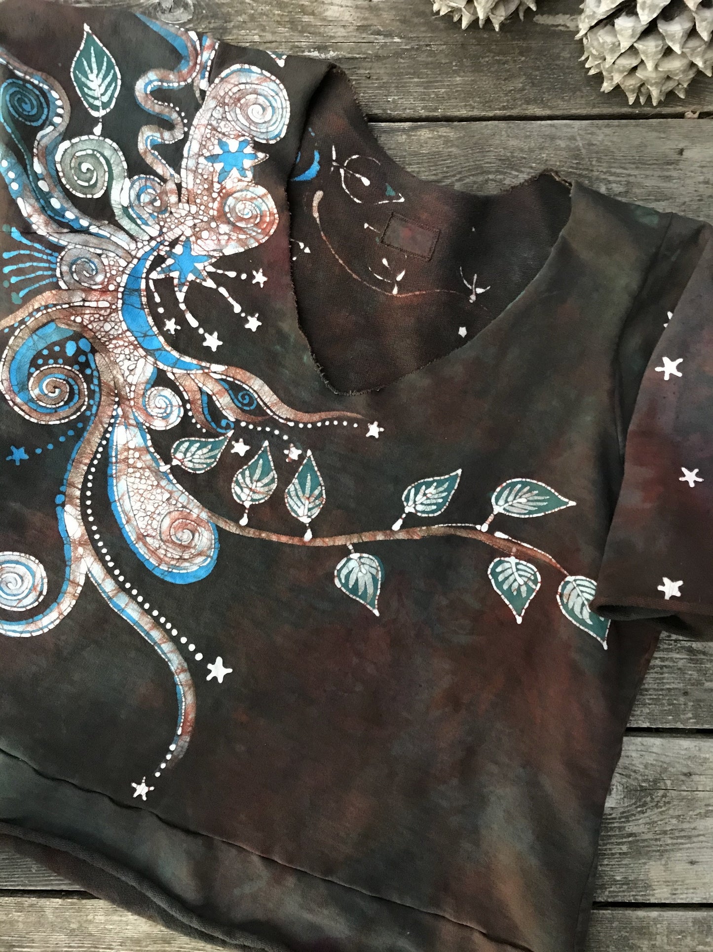 Autumn Leaves Deep Vneck Organic Cotton Handmade Batik Top, Size 2X Plus Batik Dresses Batikwalla
