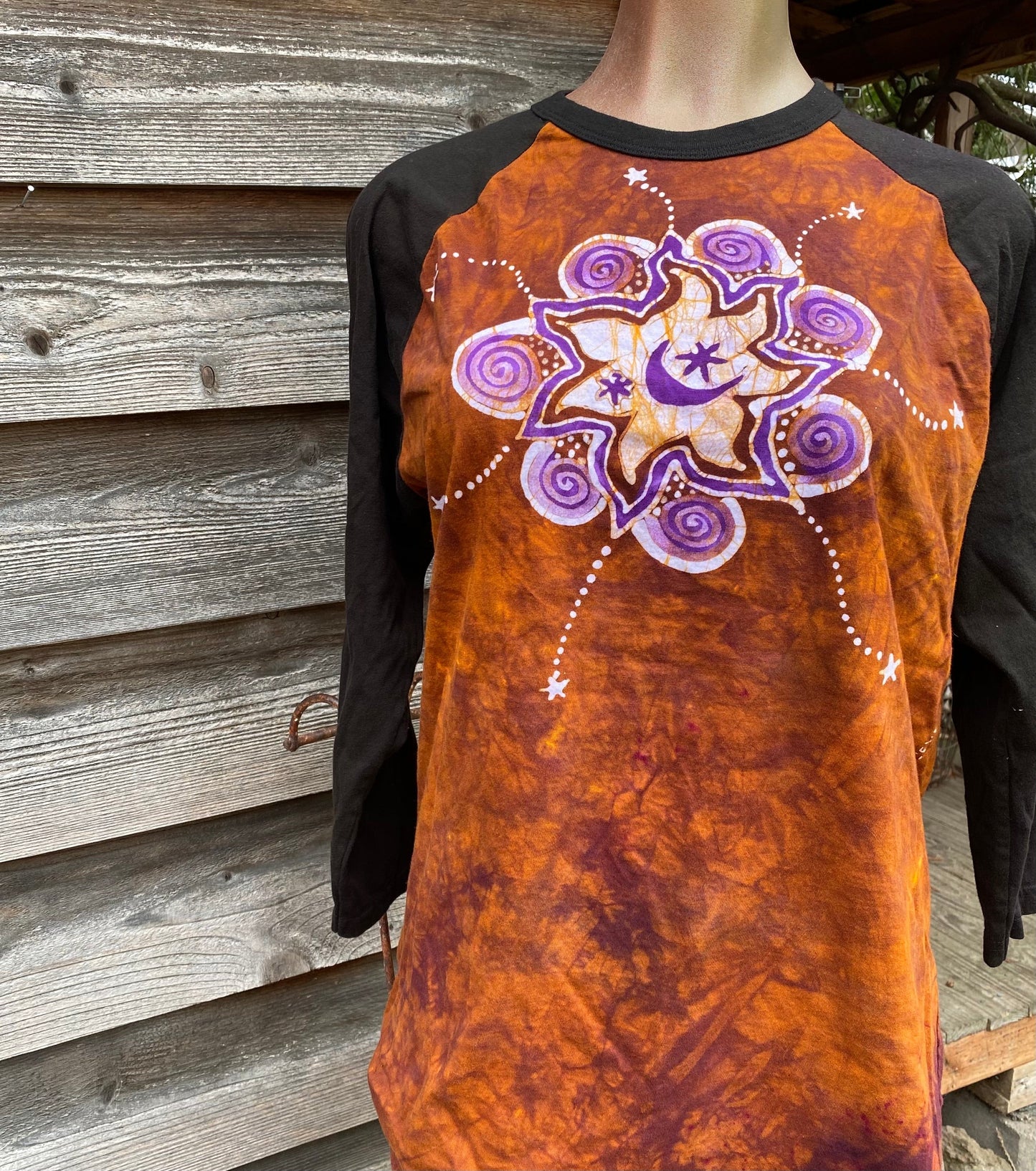 Big Sun Moon Star Swirls Black Raglan 3/4 Sleeve Batik Top Batikwalla Medium