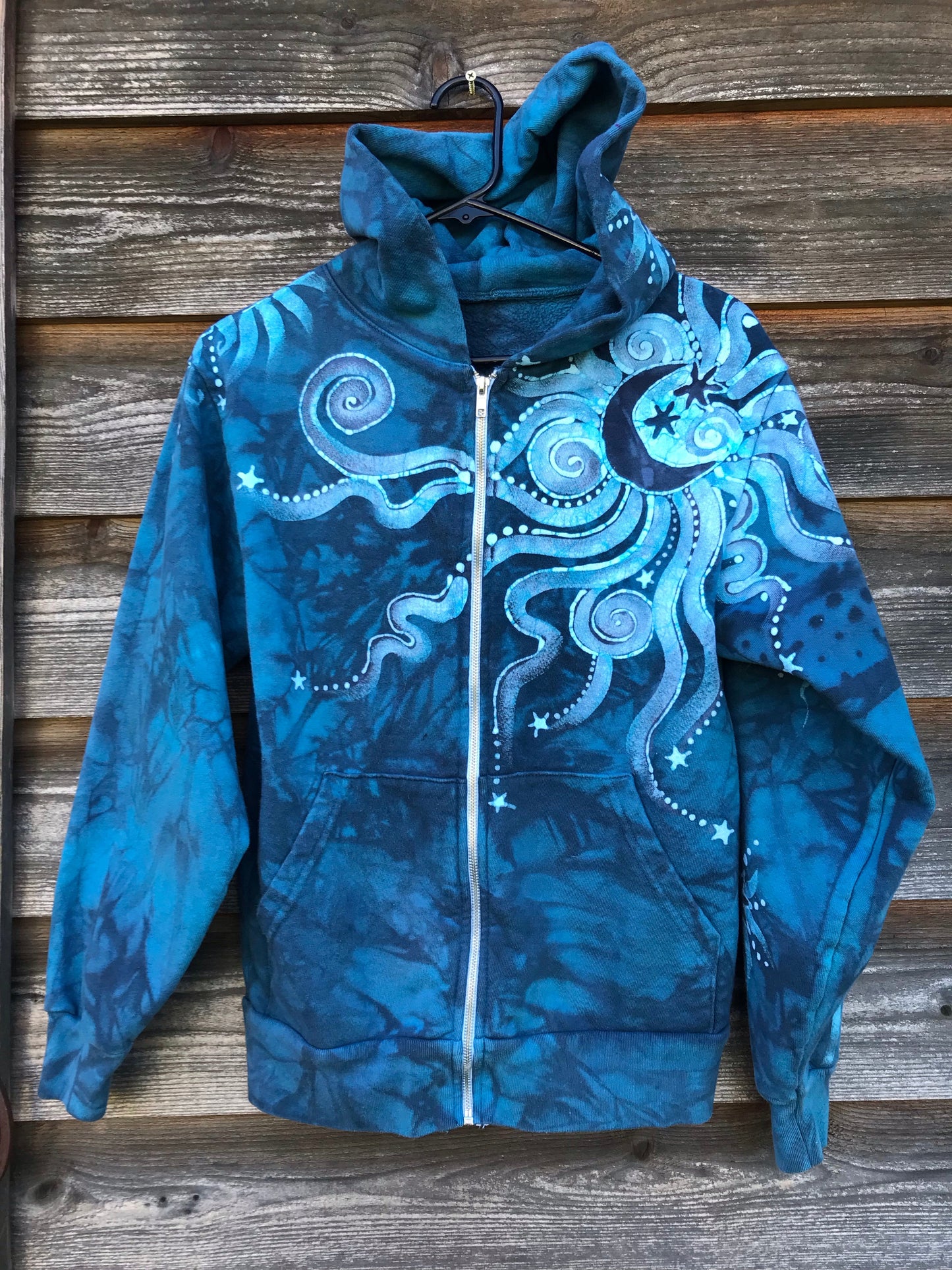 Denim Blue Moon Handcrafted Batik Zipper Hoodie - Size XS hoodie batikwalla