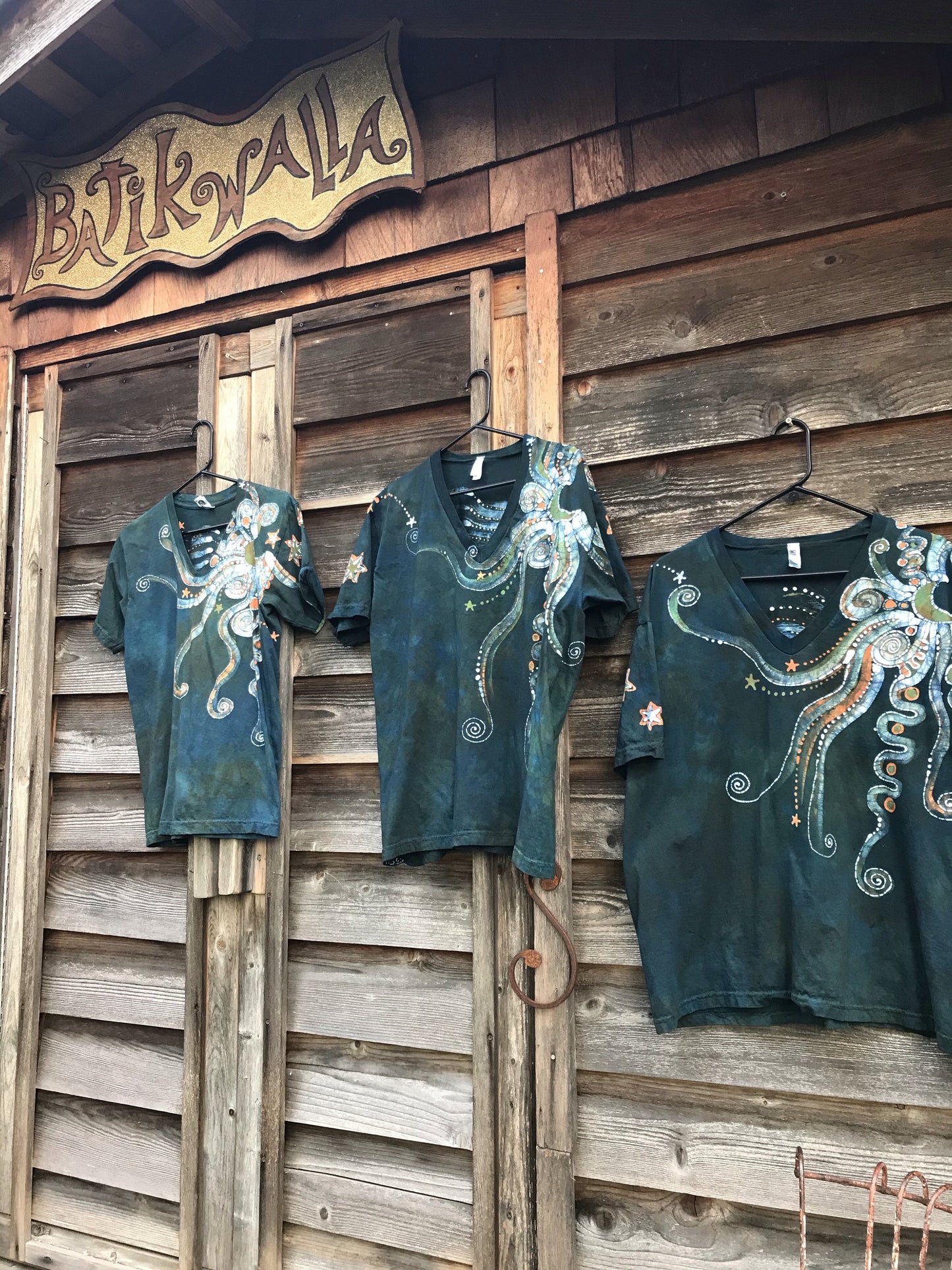Peach and Teal Moonbeams Hand Painted Batikwalla Vneck Tshirt - Unisex Tshirts batikwalla