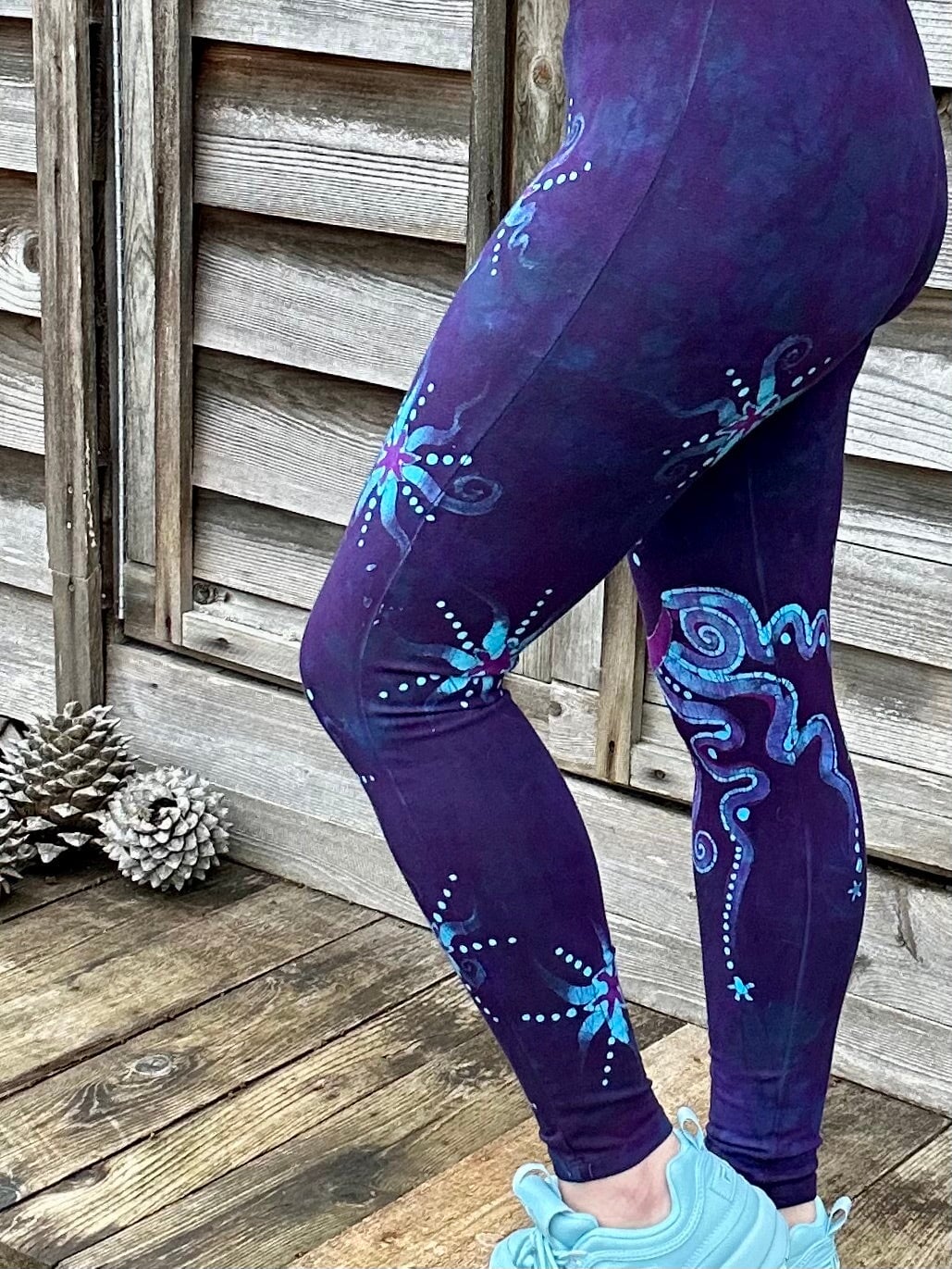 Deep Purple and Turquoise Moon & Star Batik Leggings - Size SMALL leggings batikwalla