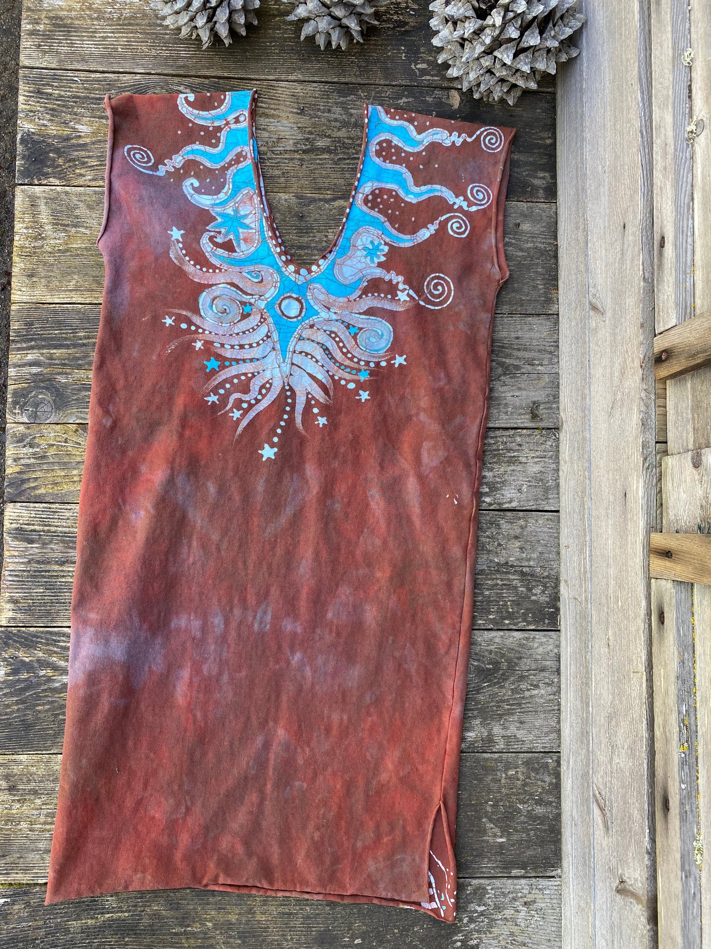 Sedona Red and Turquoise Tribal Stretchy Hemp Tube Dress - Size Large/Medium Batik Dresses Batikwalla