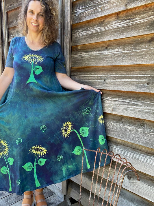 Blue Sunflower Batik Dress With Pockets Batik Dresses Batikwalla Medium