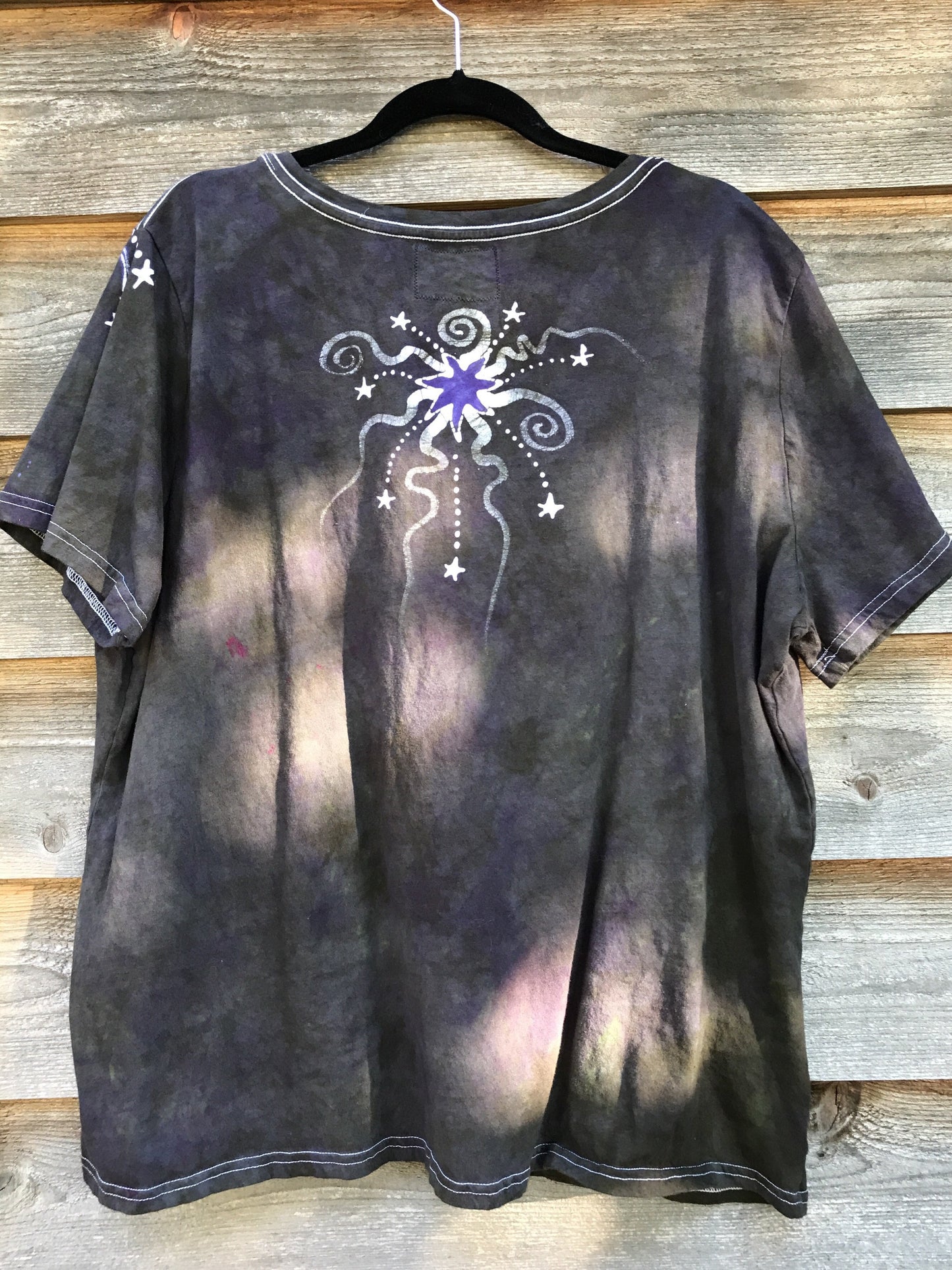 Sage and Purple Moonbeams Handmade Batik Summer Vneck Tee - Plus Size - 3X